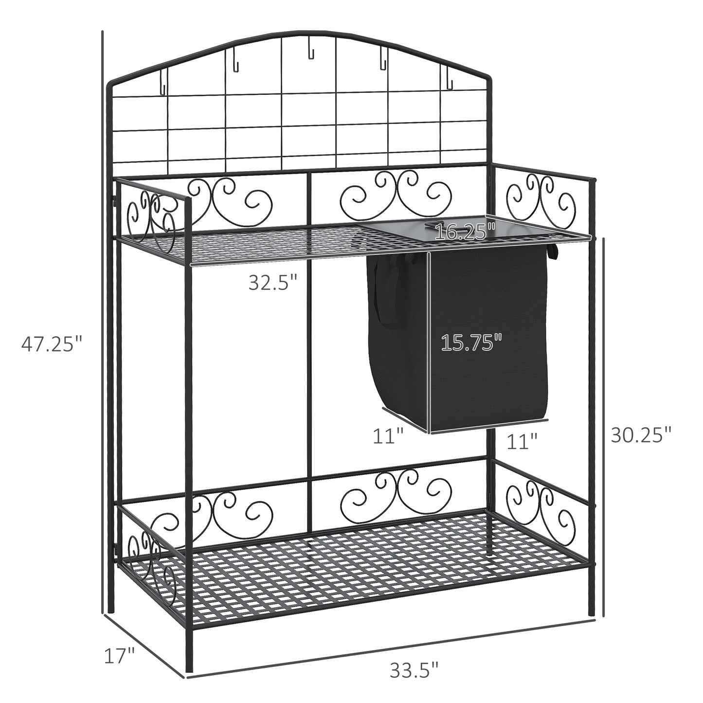Black metal tiered plant stand with decorative scrollwork and integrated laundry bag