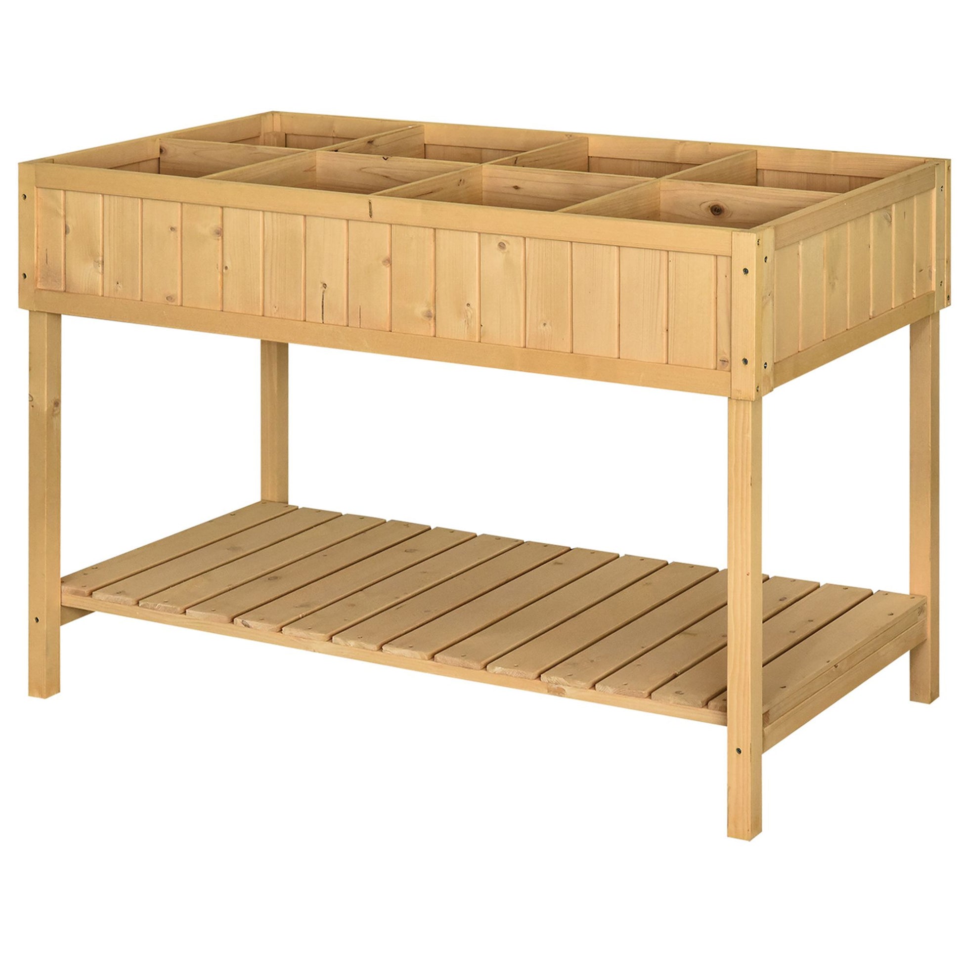 Wooden raised garden bed with multiple compartments and a lower shelf