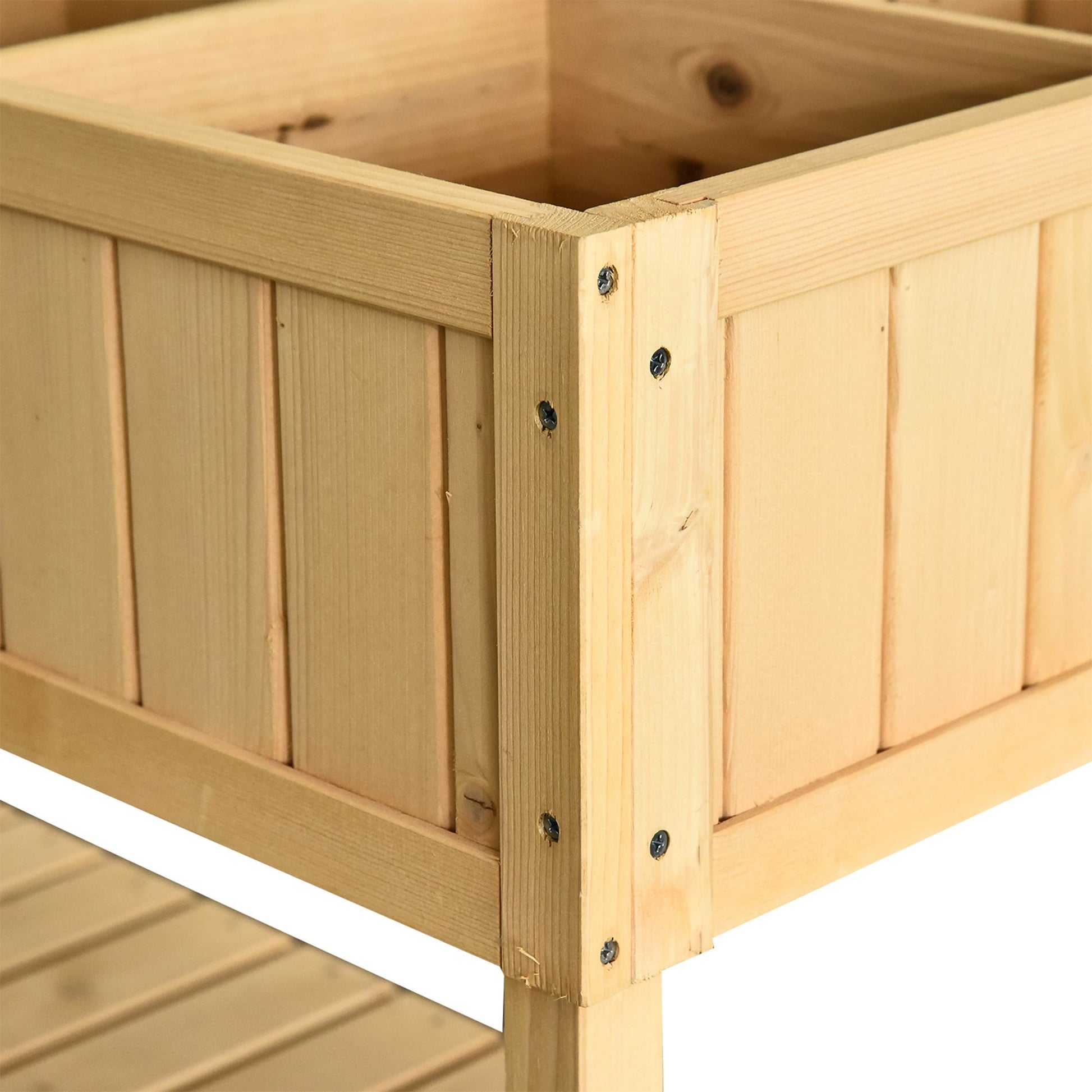 Wooden planter box detail with slatted sides and corner joinery