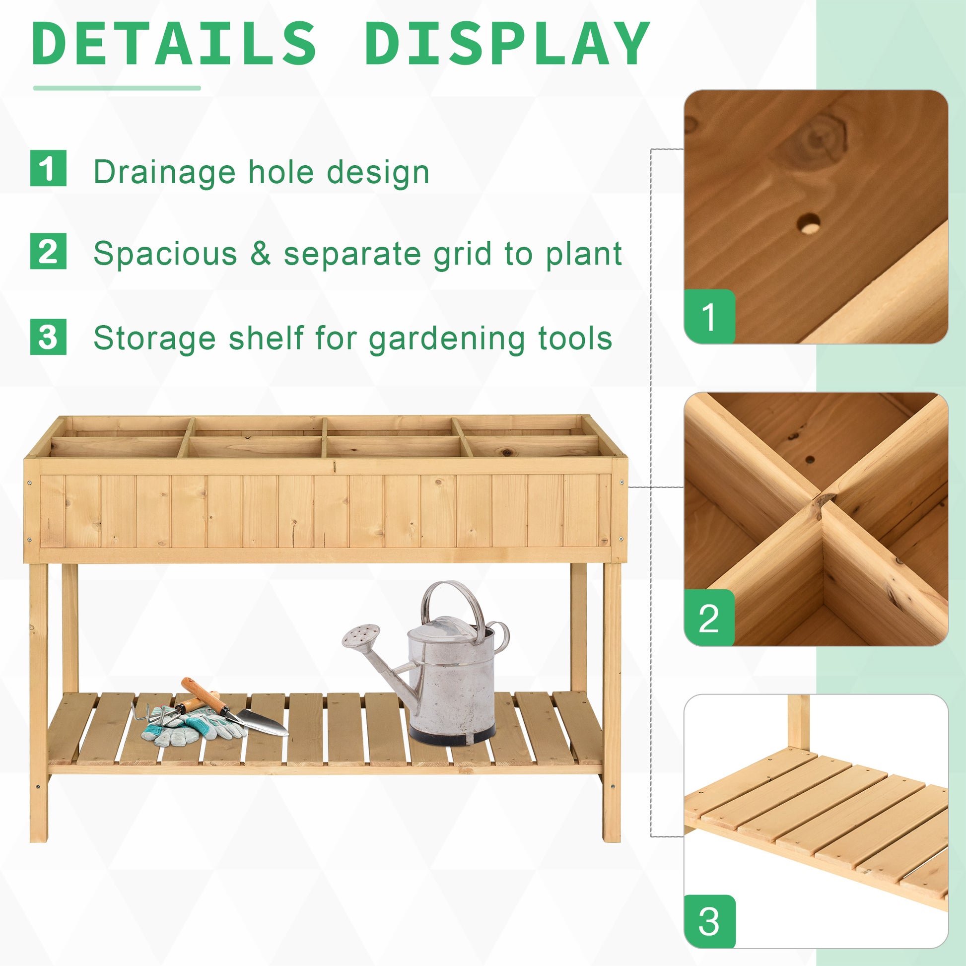 Wooden raised garden bed with separate planting compartments and drainage holes