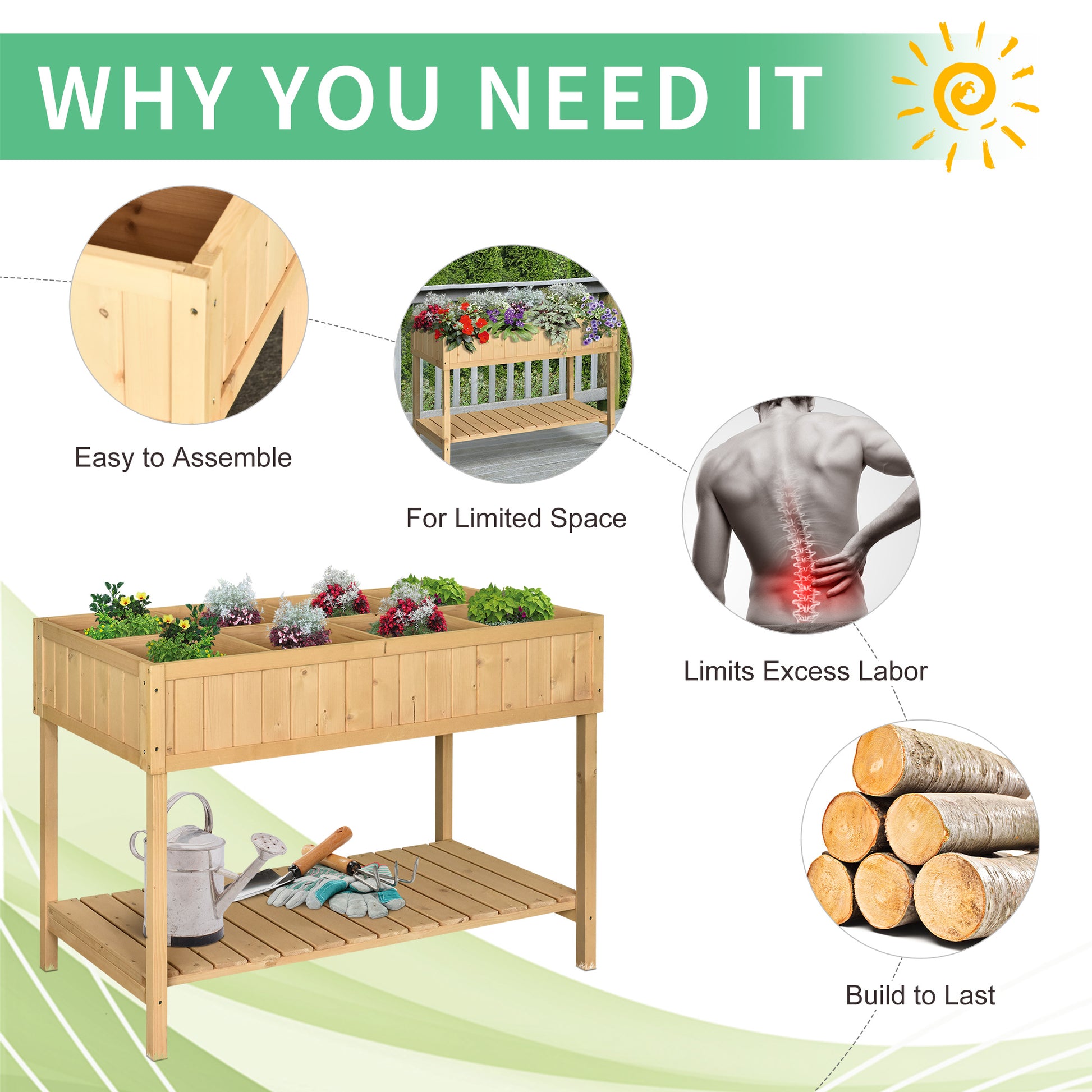 Wooden raised garden bed with multiple planting sections easy to assemble for any gardener