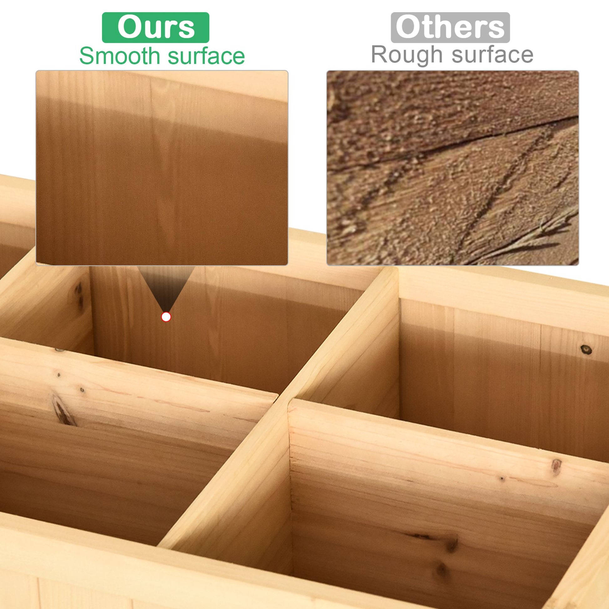 Closeup of natural pine wood planter with smooth finished surface