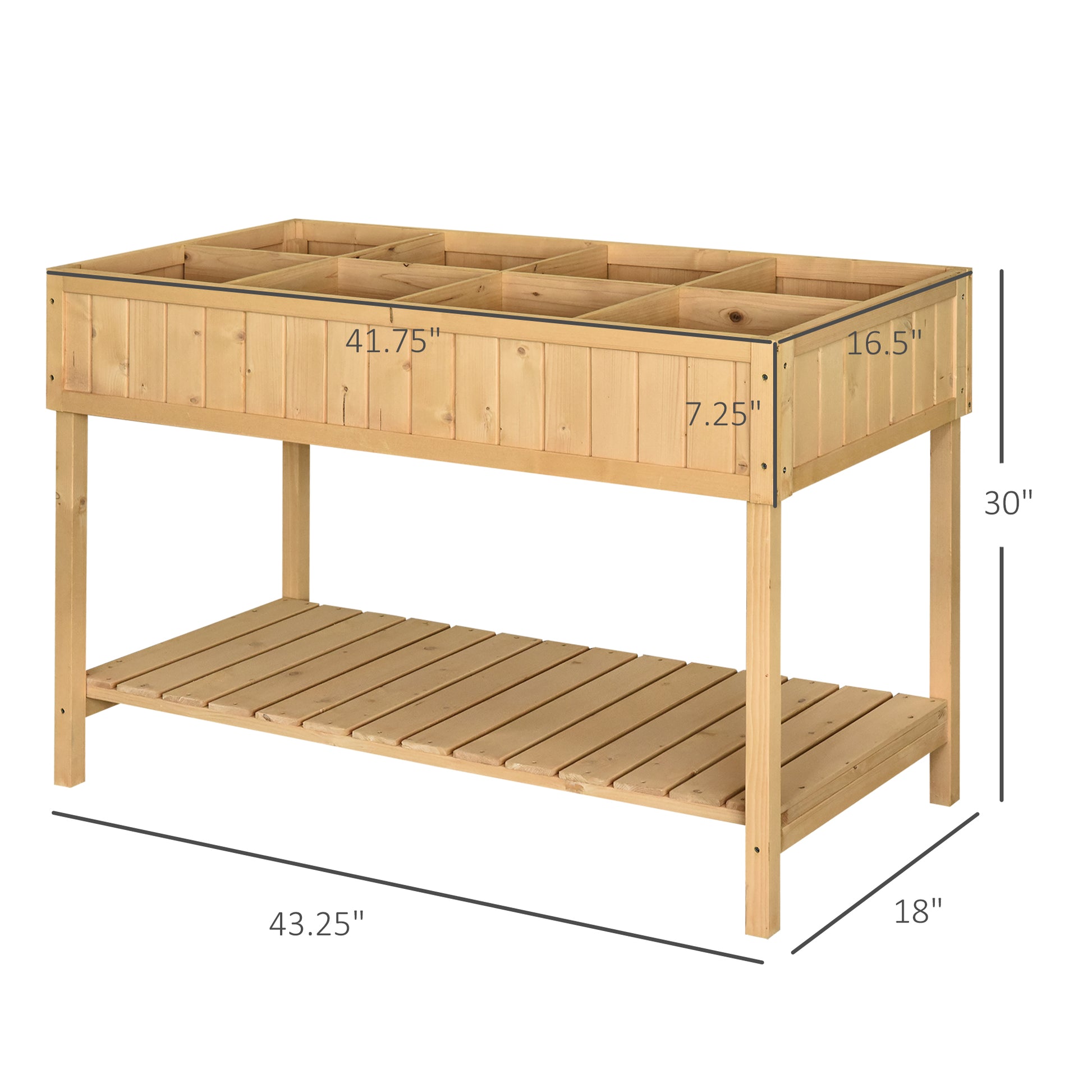 Natural wood raised garden bed with dividing compartments and lower shelf for storage