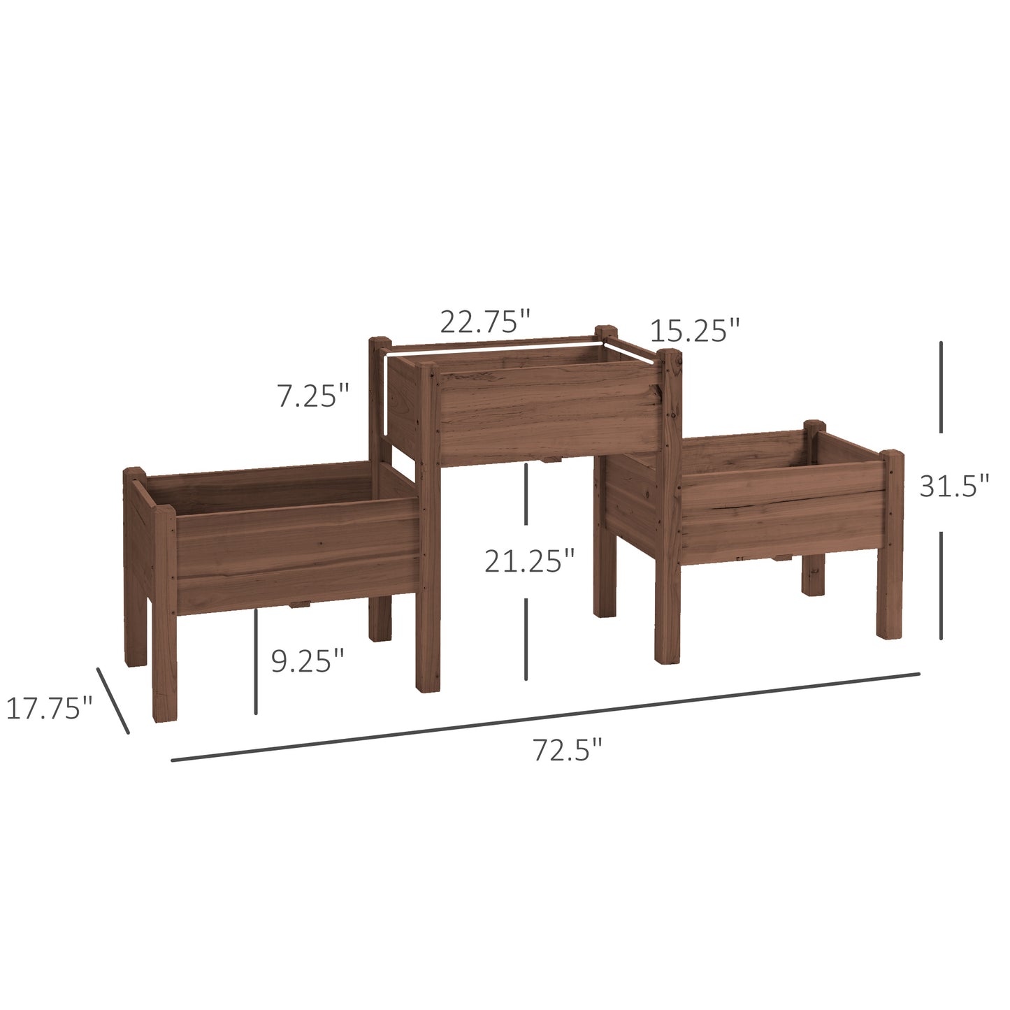 Wooden tiered raised garden bed rich brown with dimensions shown