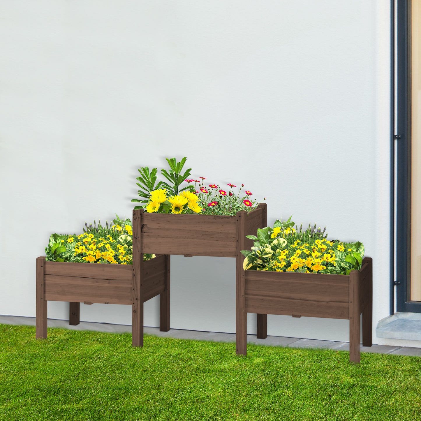 Wooden tiered planter with yellow flowers and green foliage