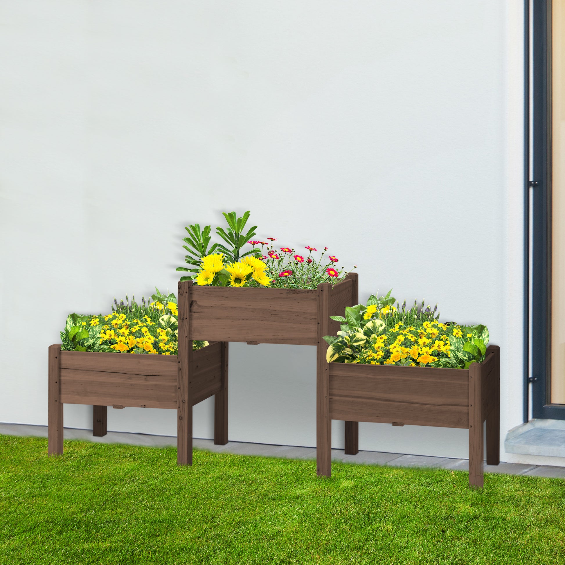 Wooden tiered planter with yellow flowers and green foliage
