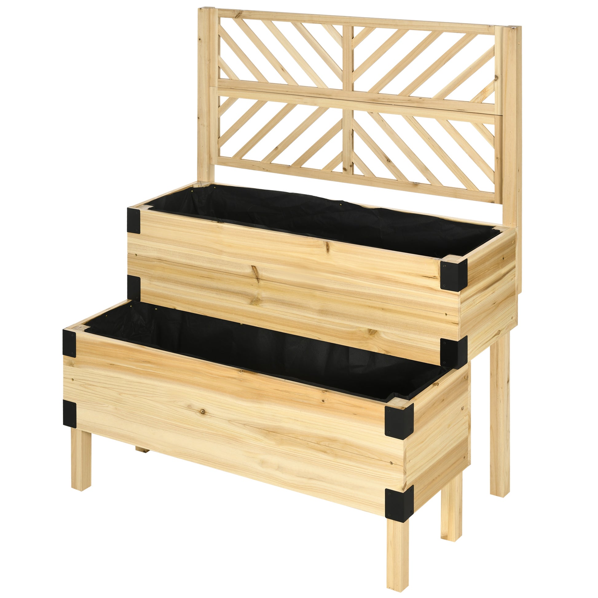 Twotier wooden raised garden bed with trellis back natural wood finish