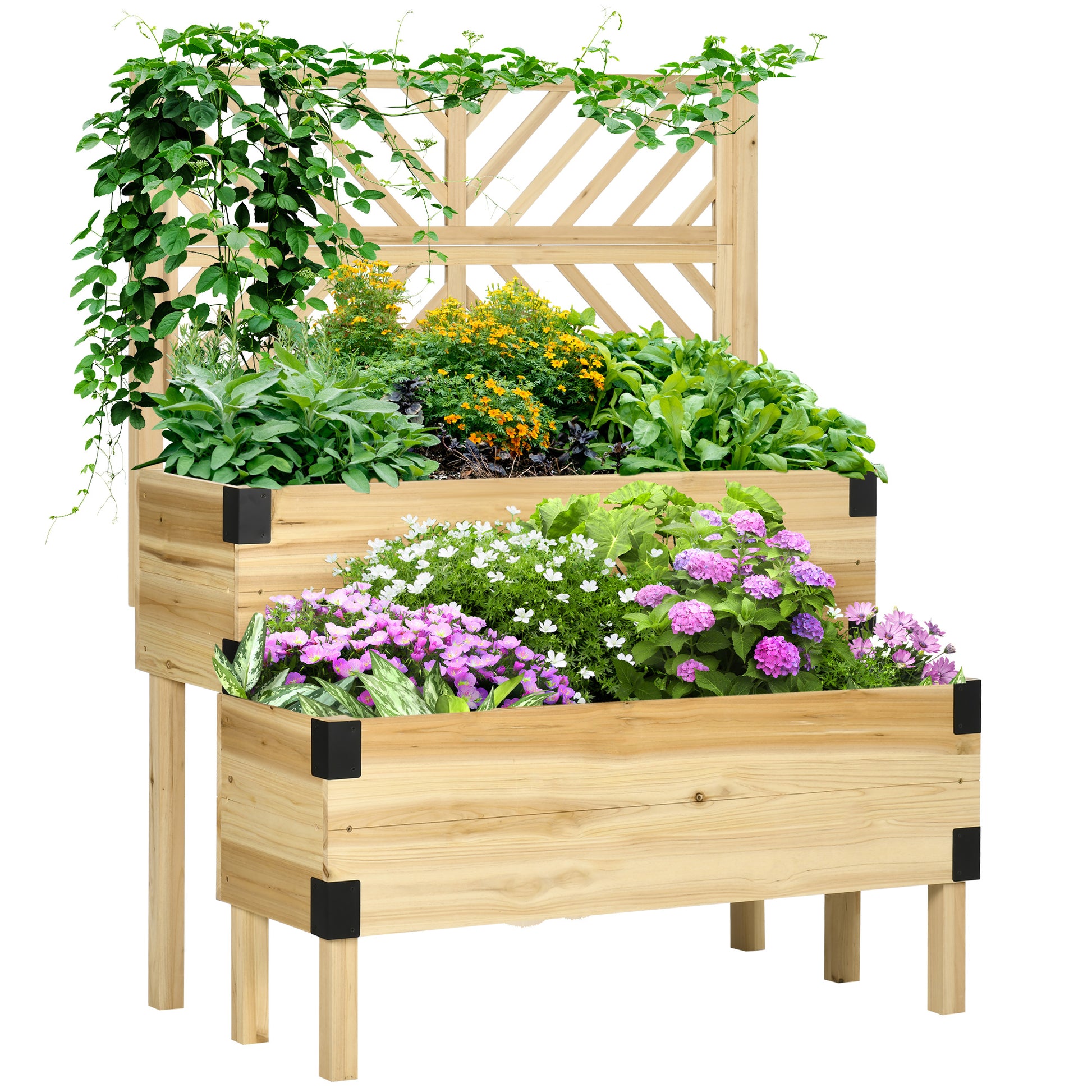 Wooden tiered planter with lattice trellis and vibrant flowers ideal for vertical gardening