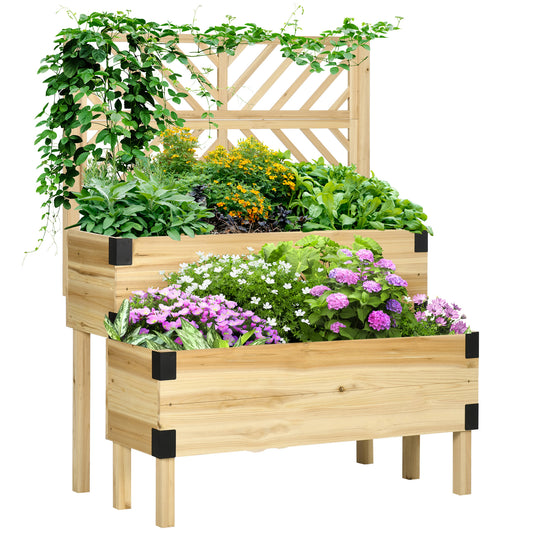 Wooden tiered planter with lattice trellis and vibrant flowers ideal for vertical gardening