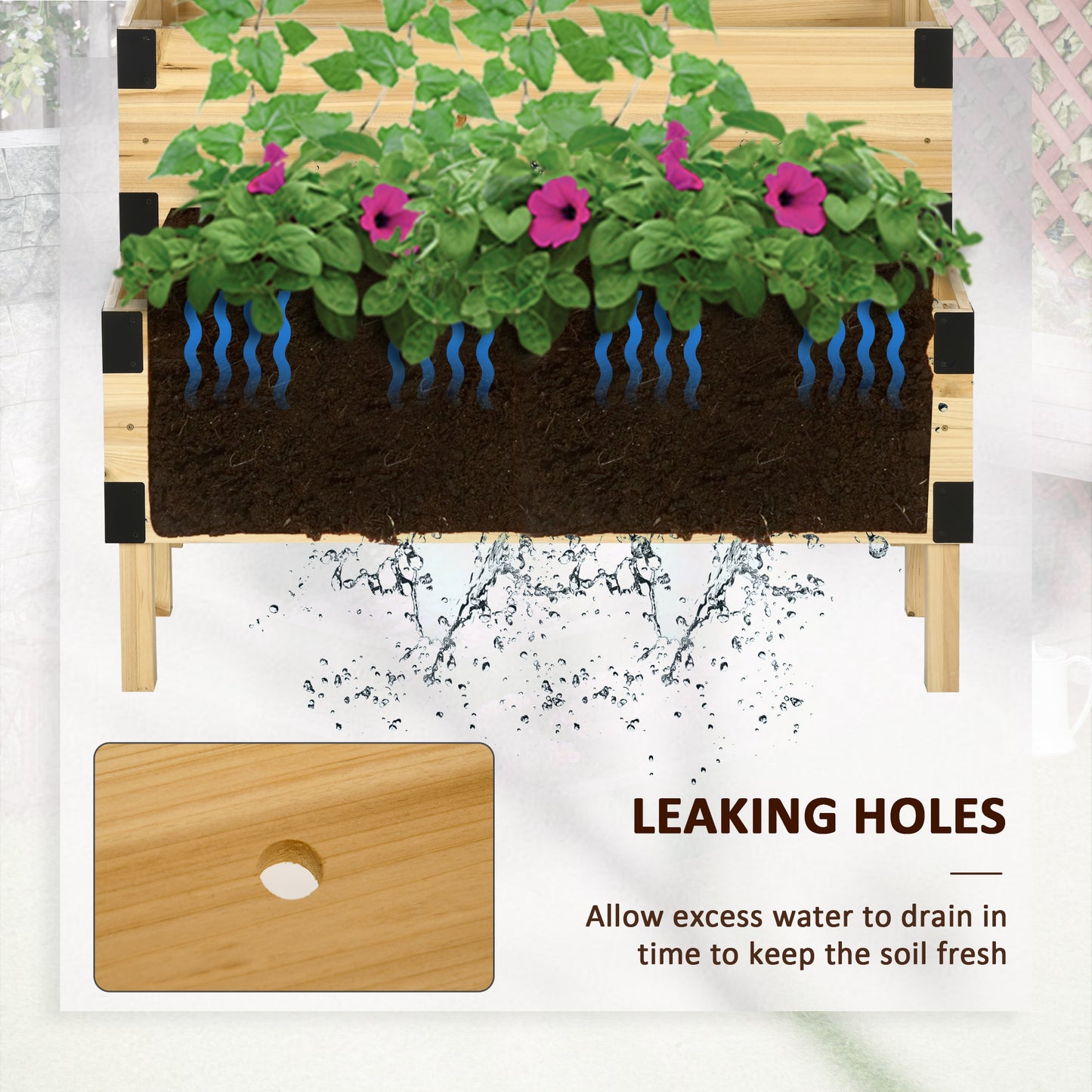 Wooden raised garden bed with drainage holes and vibrant petunias