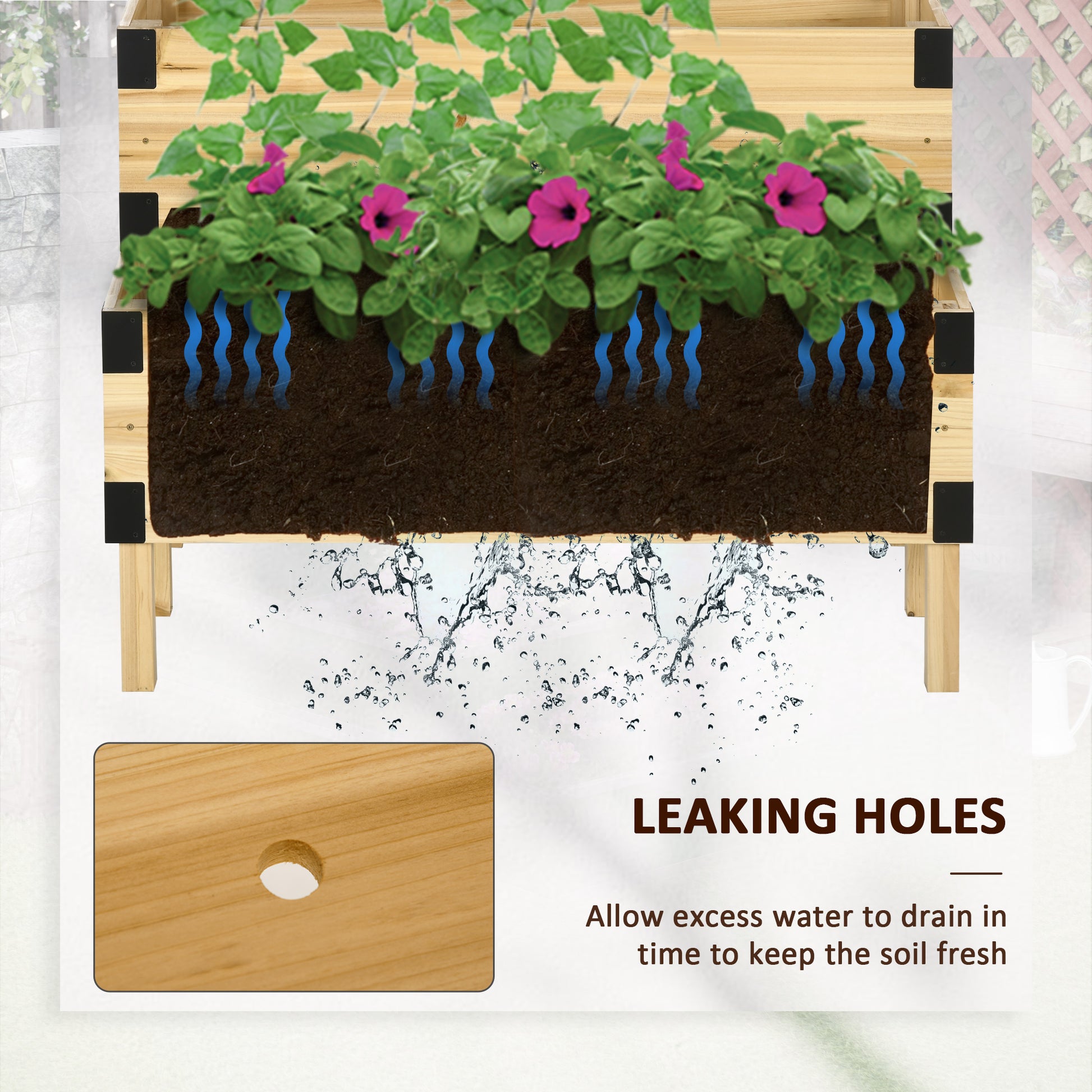 Wooden raised garden bed with drainage holes and vibrant petunias