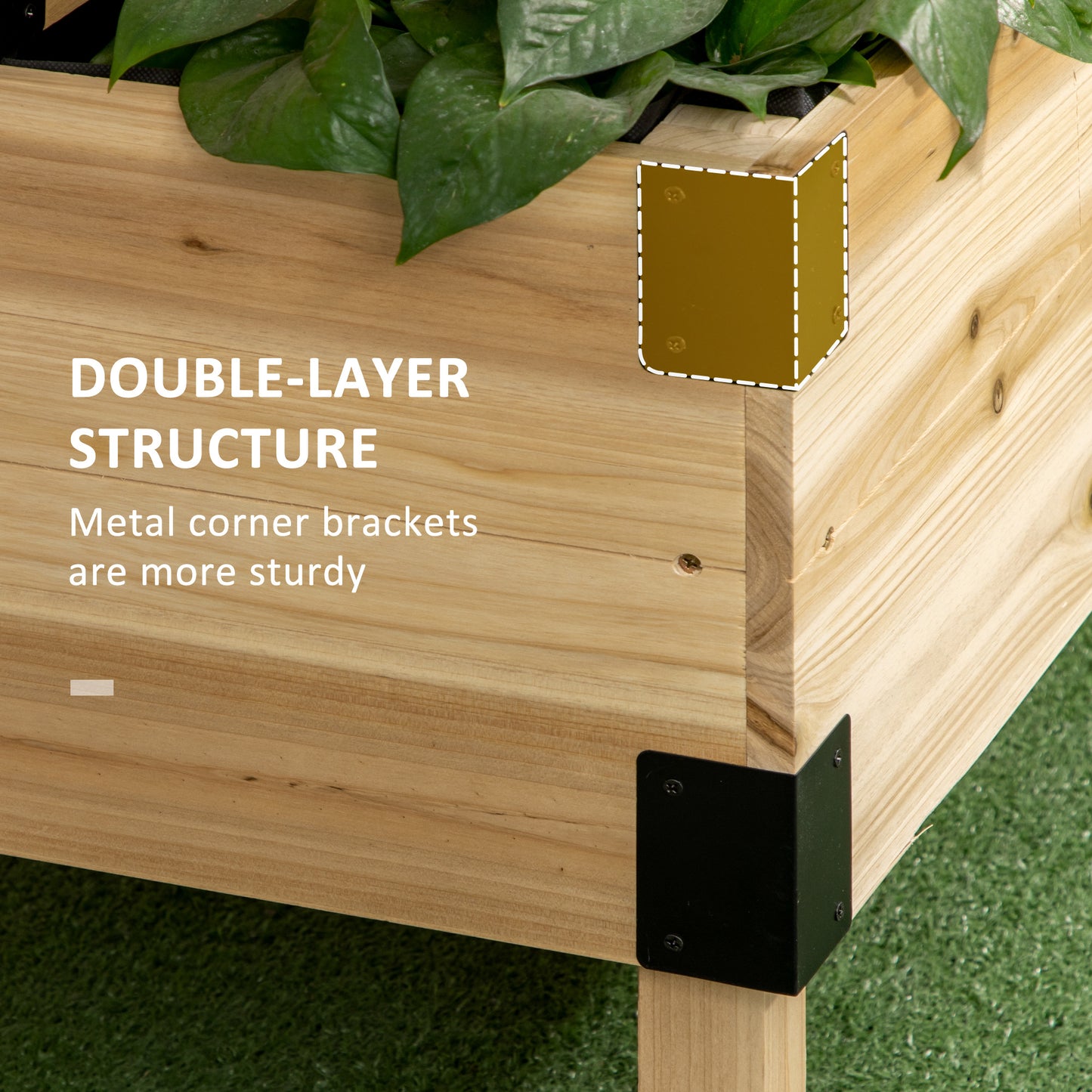 Natural wood planter with sturdy metal corner brackets