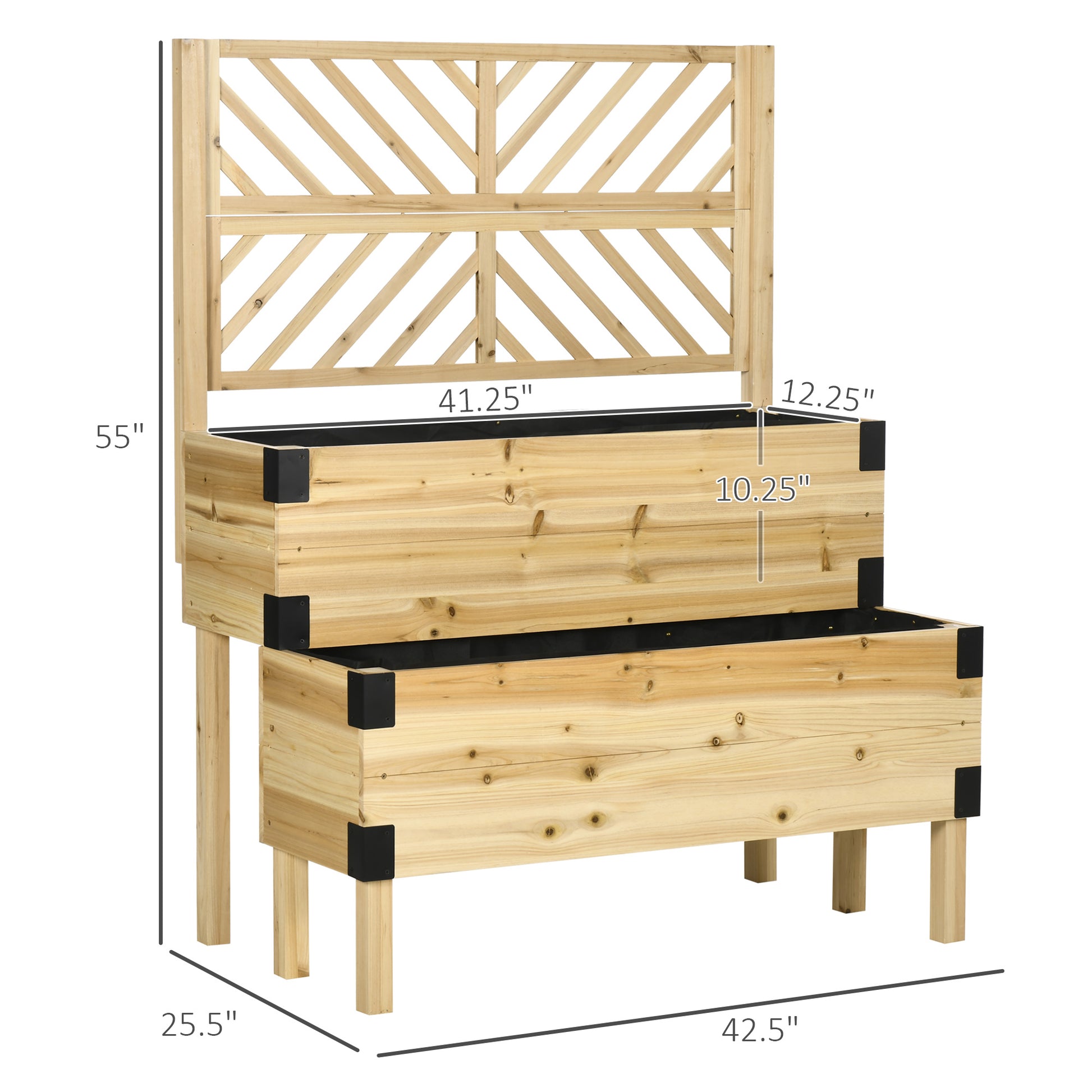 Twotiered raised garden bed with trellis made of natural wood ideal for herbs