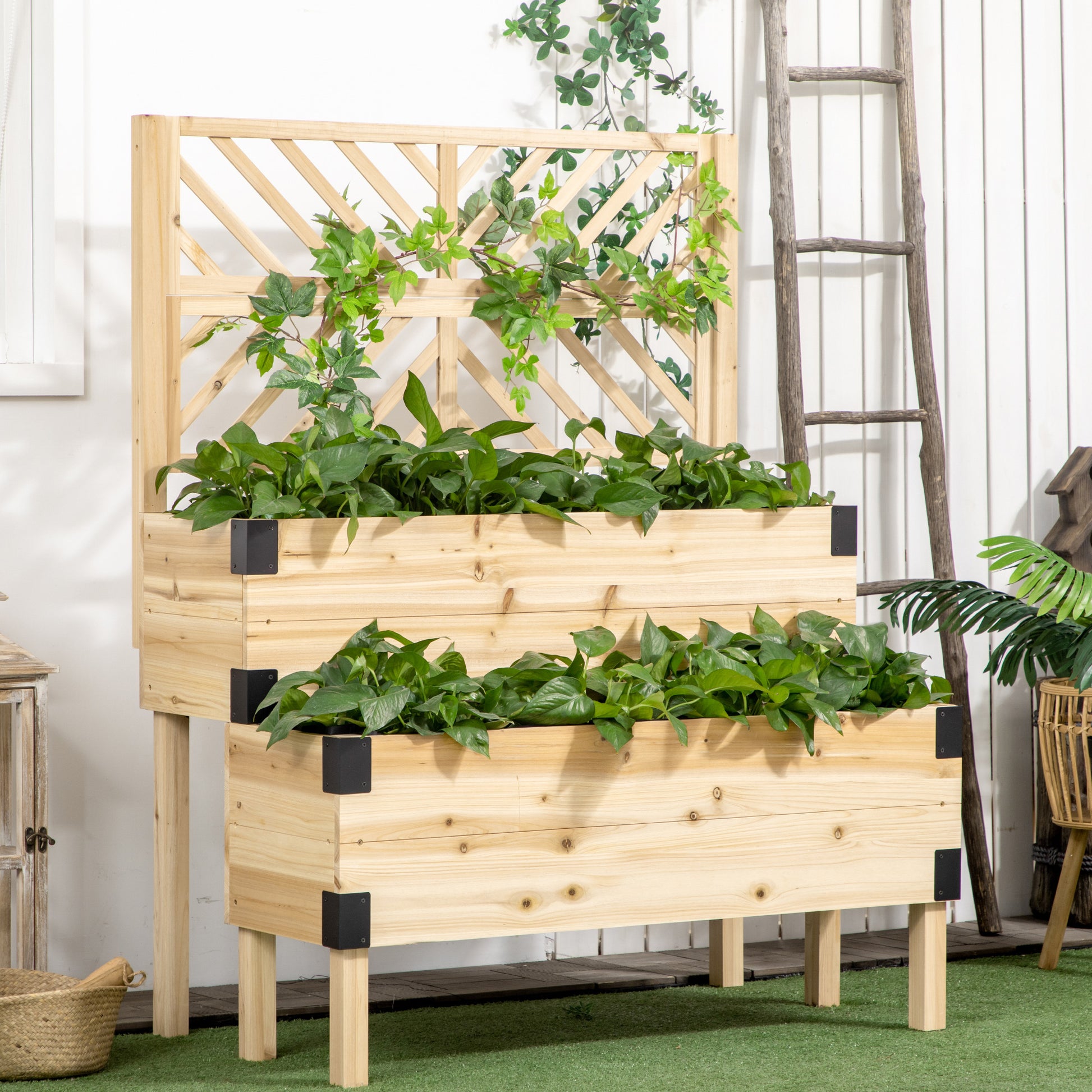 Twotiered wooden raised garden bed with trellis and lush green plants