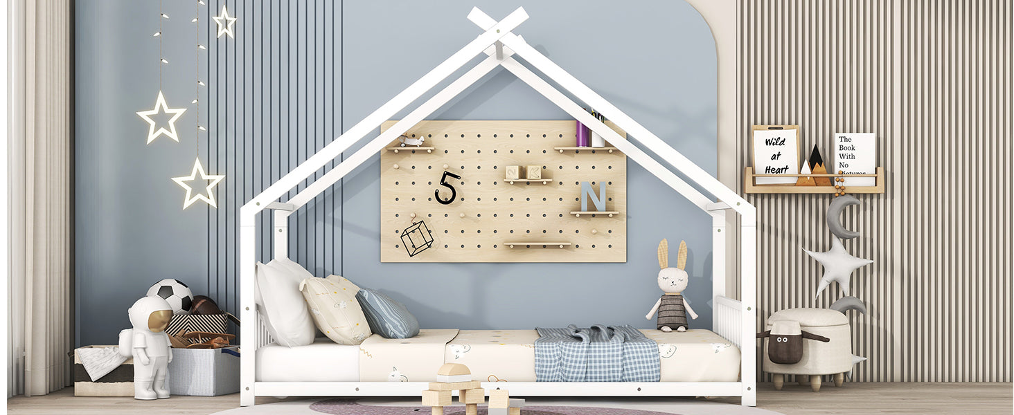 White wooden house bed frame with playful star lights
