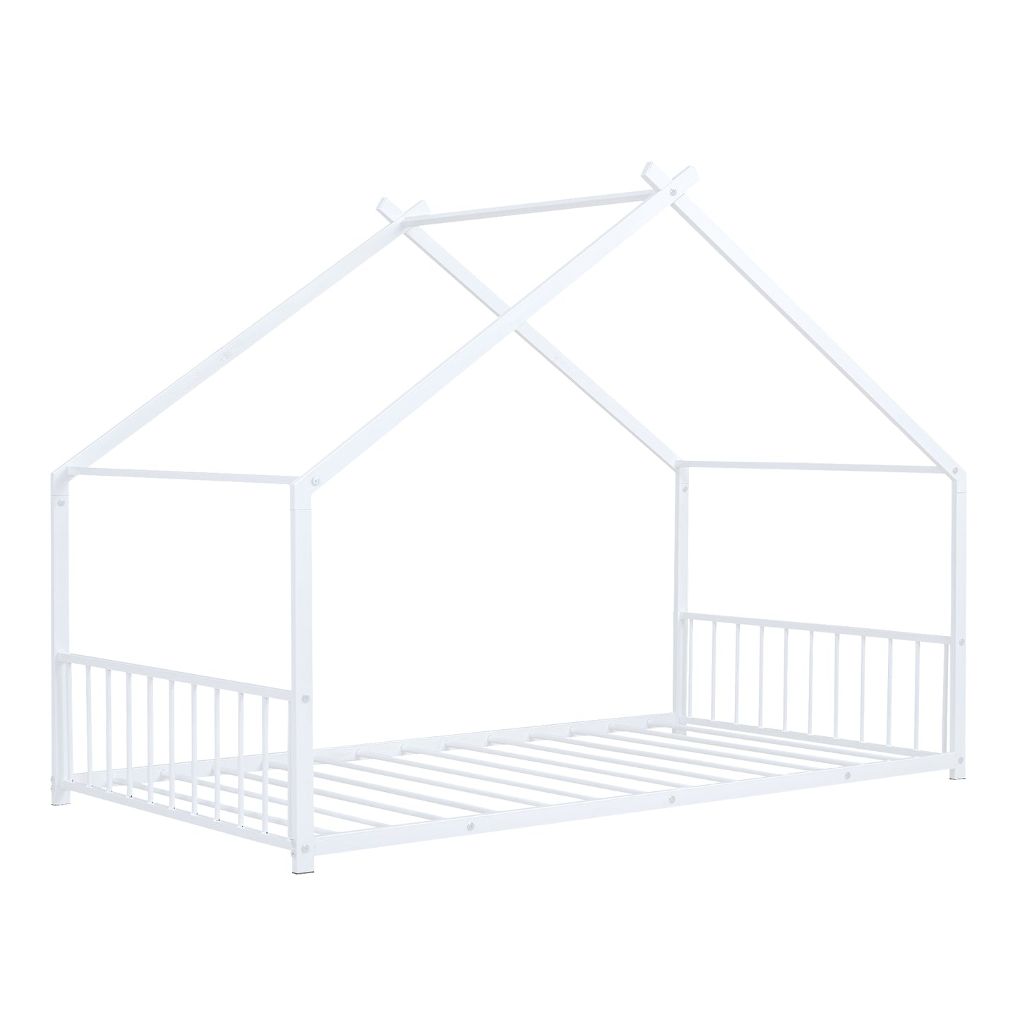 White metal house frame bed for toddlers with safety rails
