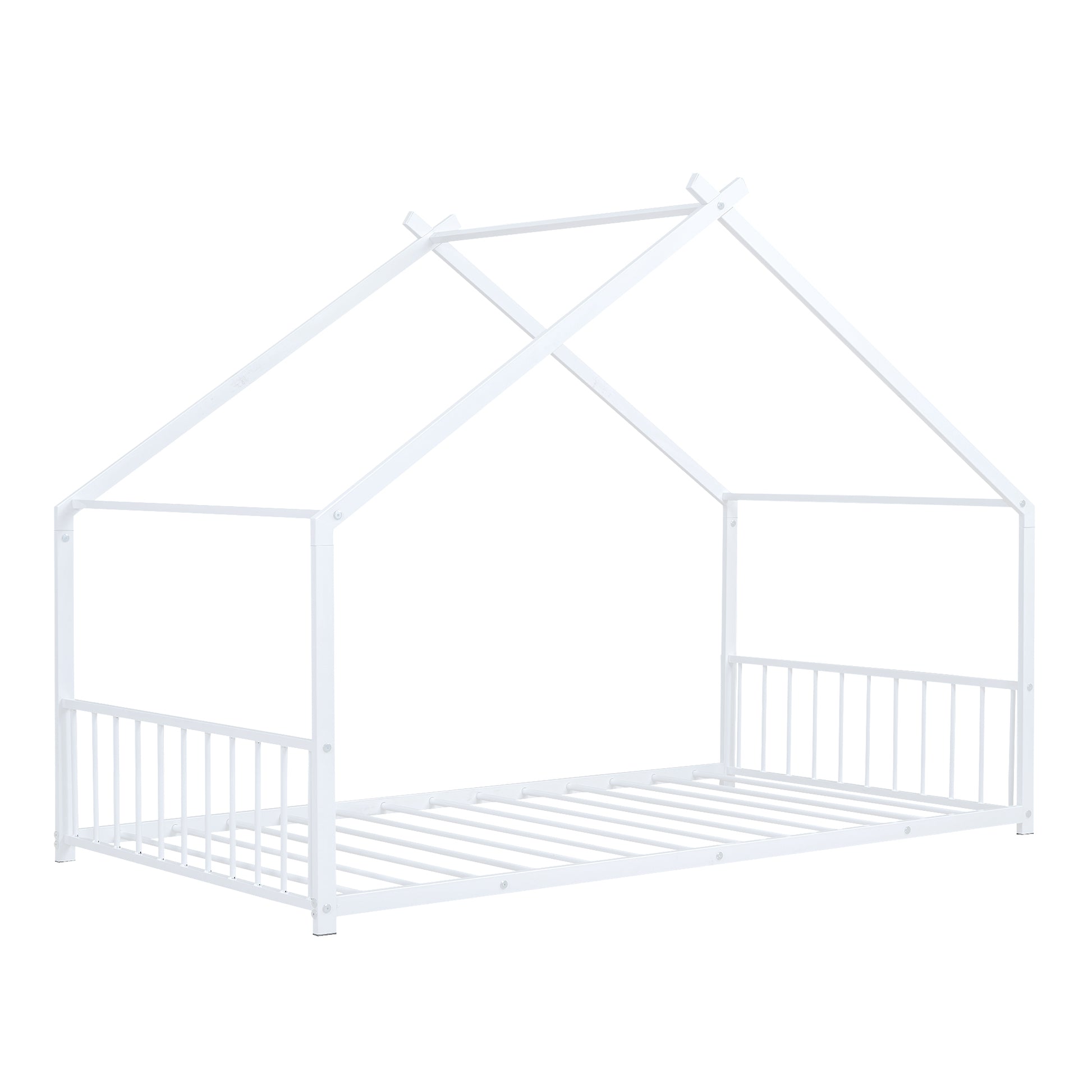 White metal house frame bed for toddlers with safety rails