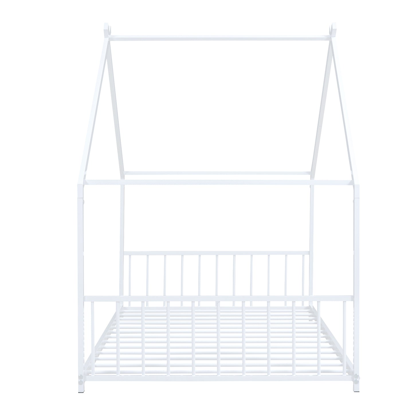 White metal house bed frame with slatted mattress support