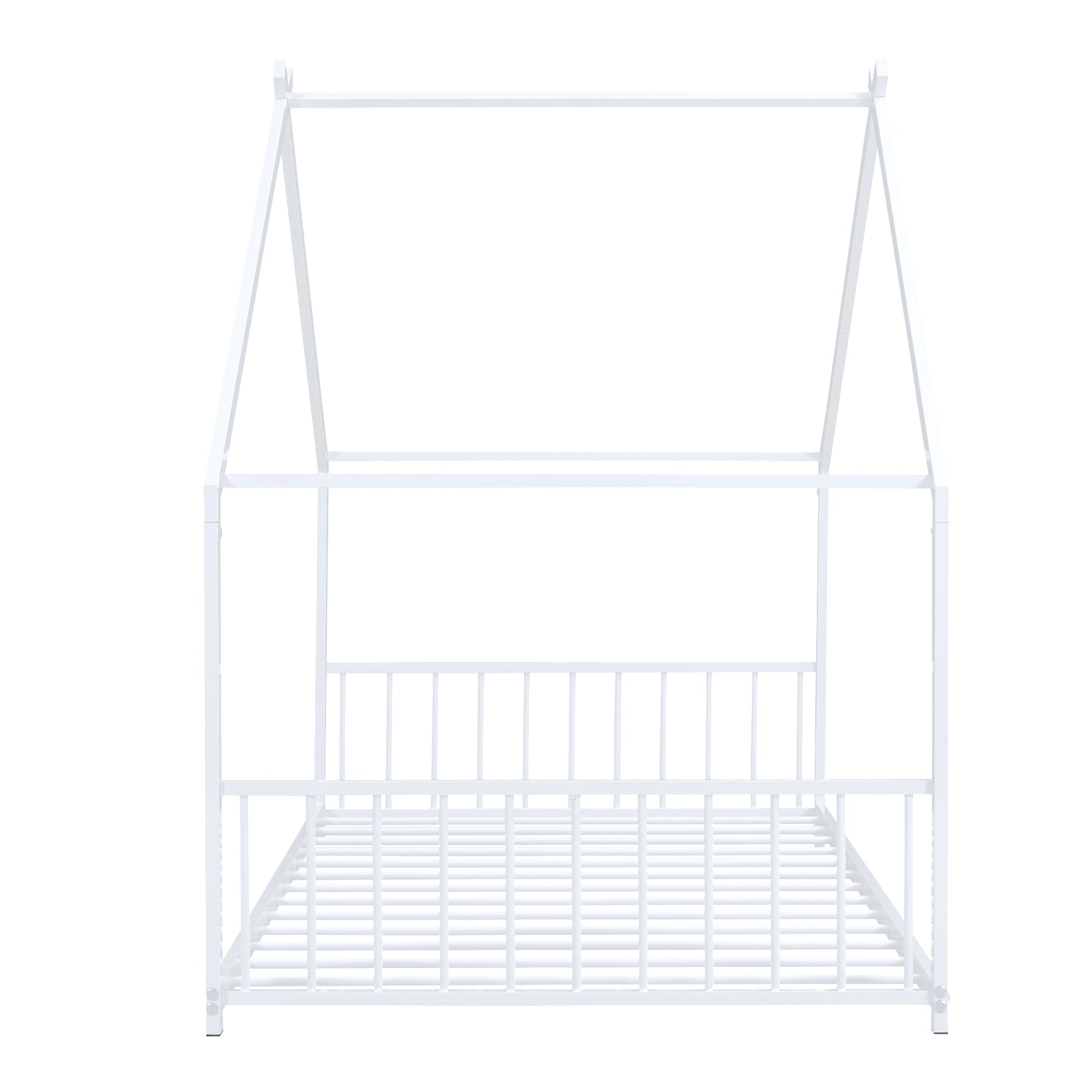 White metal house bed frame with slatted mattress support