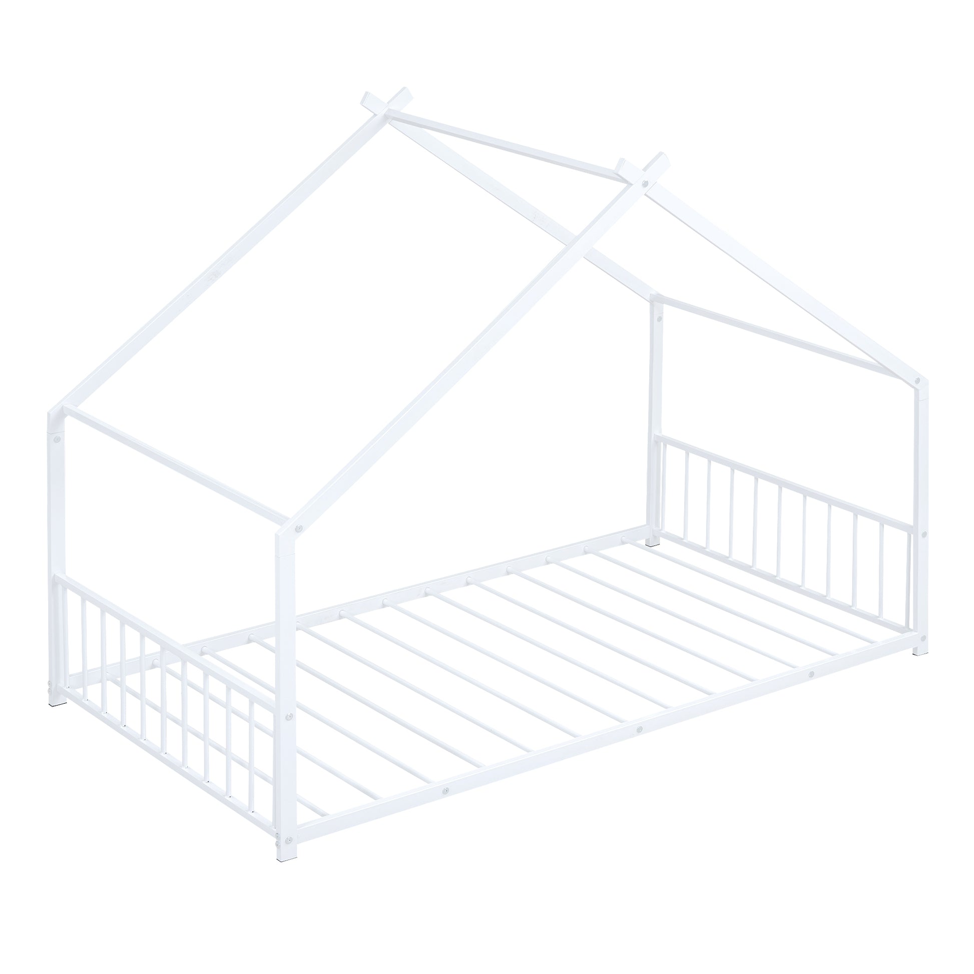 White metal house bed frame for kids with slatted base and guardrails