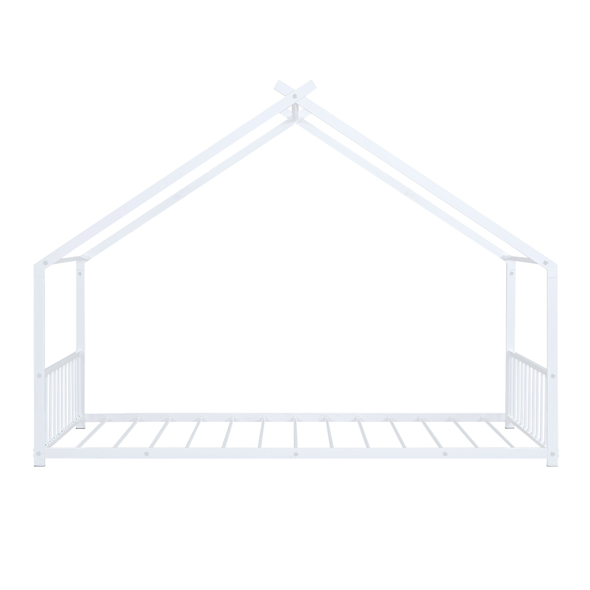 White metal twin house bed frame with slatted base for toddlers