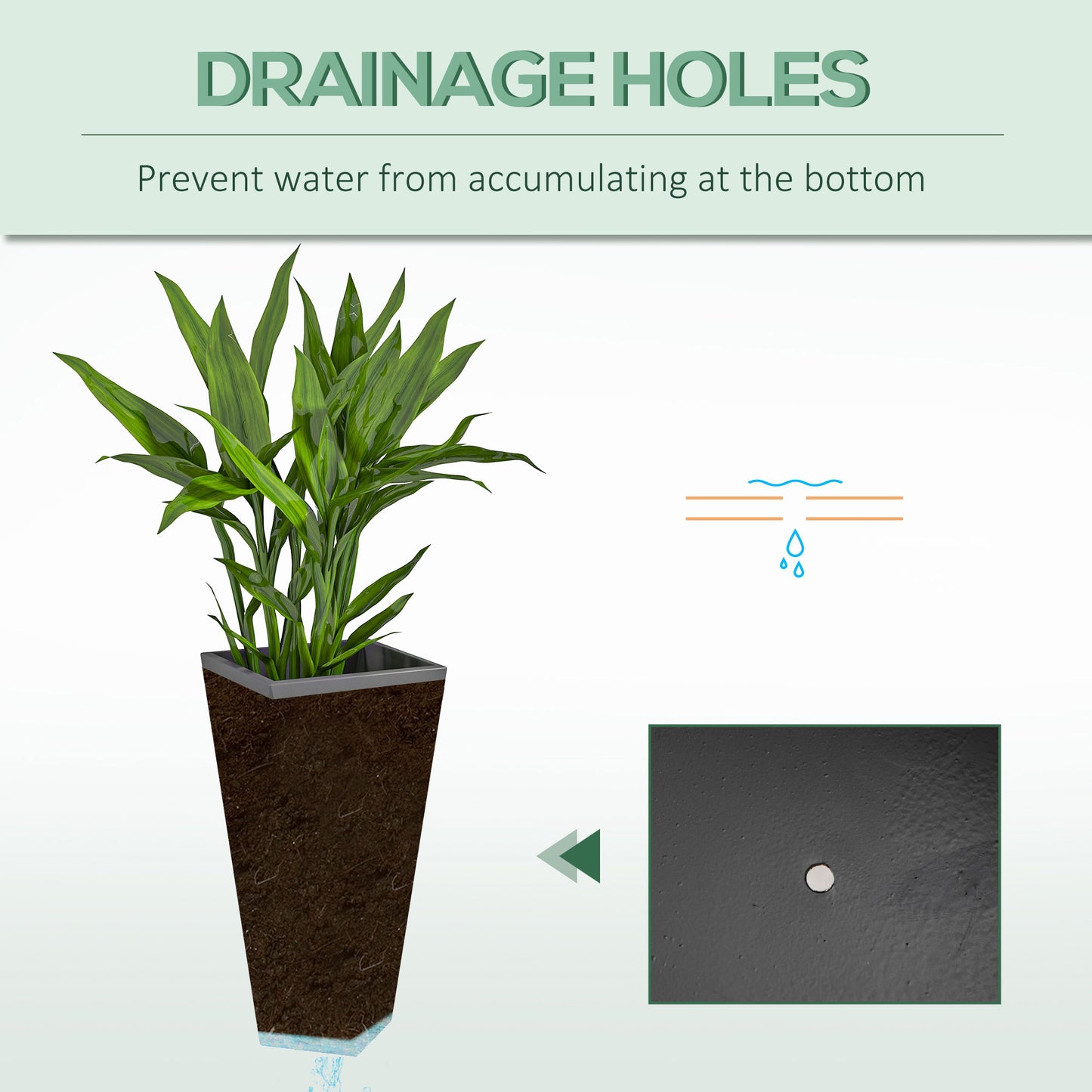 Tall dark grey planter with drainage hole showing healthy plant roots