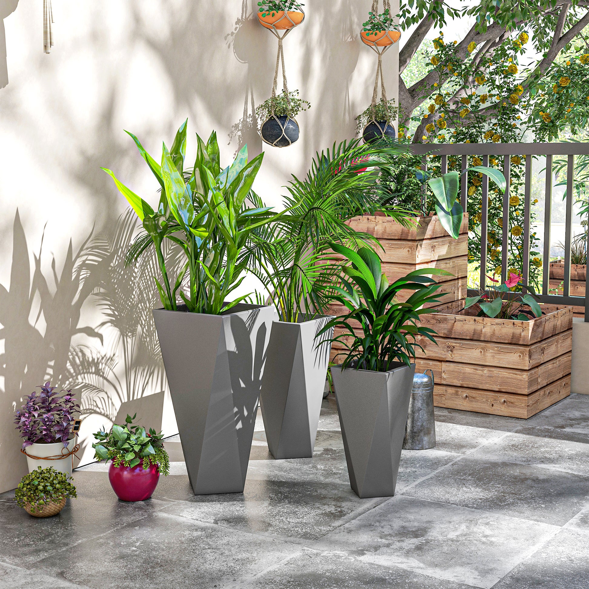Modern gray geometric planter with lush green foliage