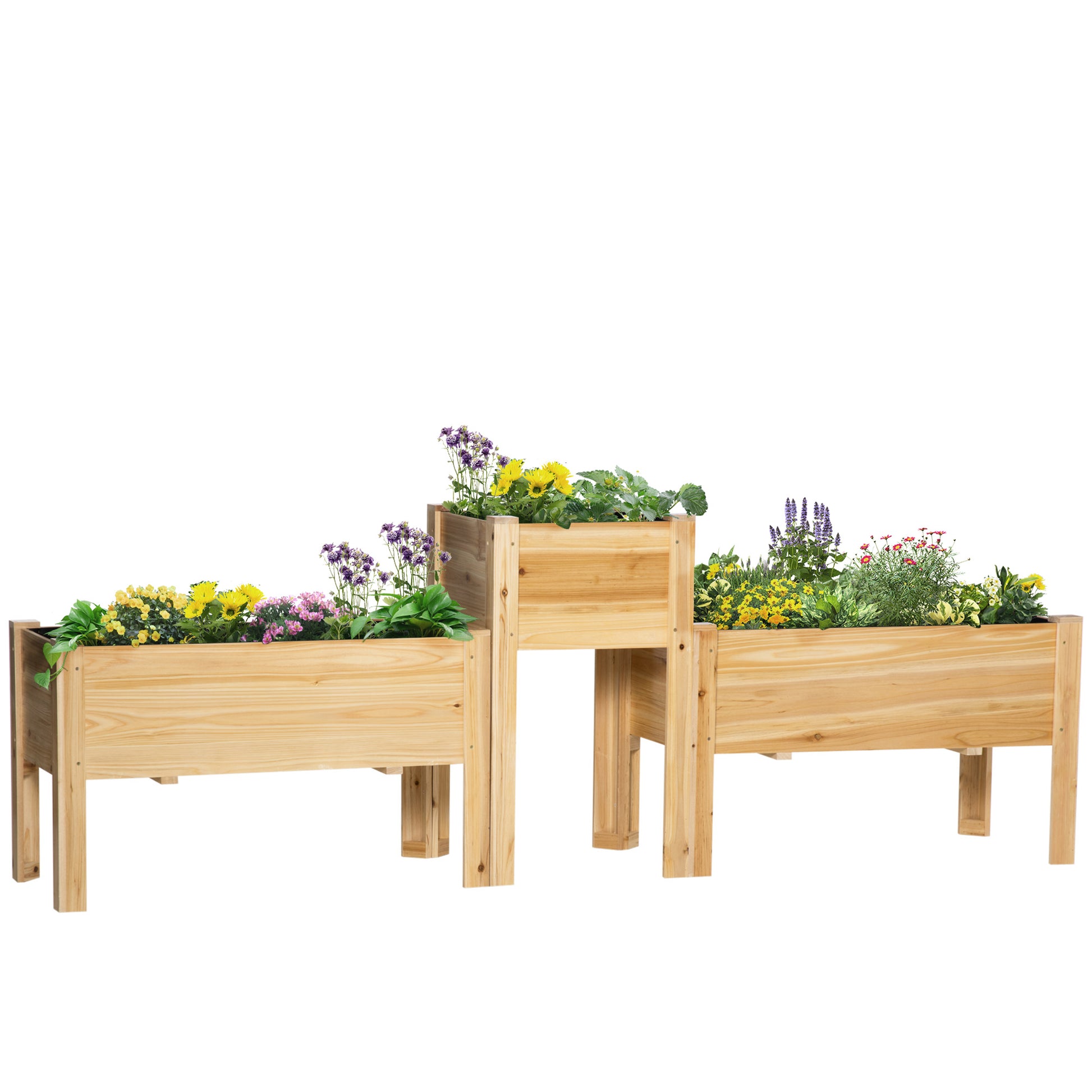 Tiered wooden raised garden bed with yellow and purple flowers