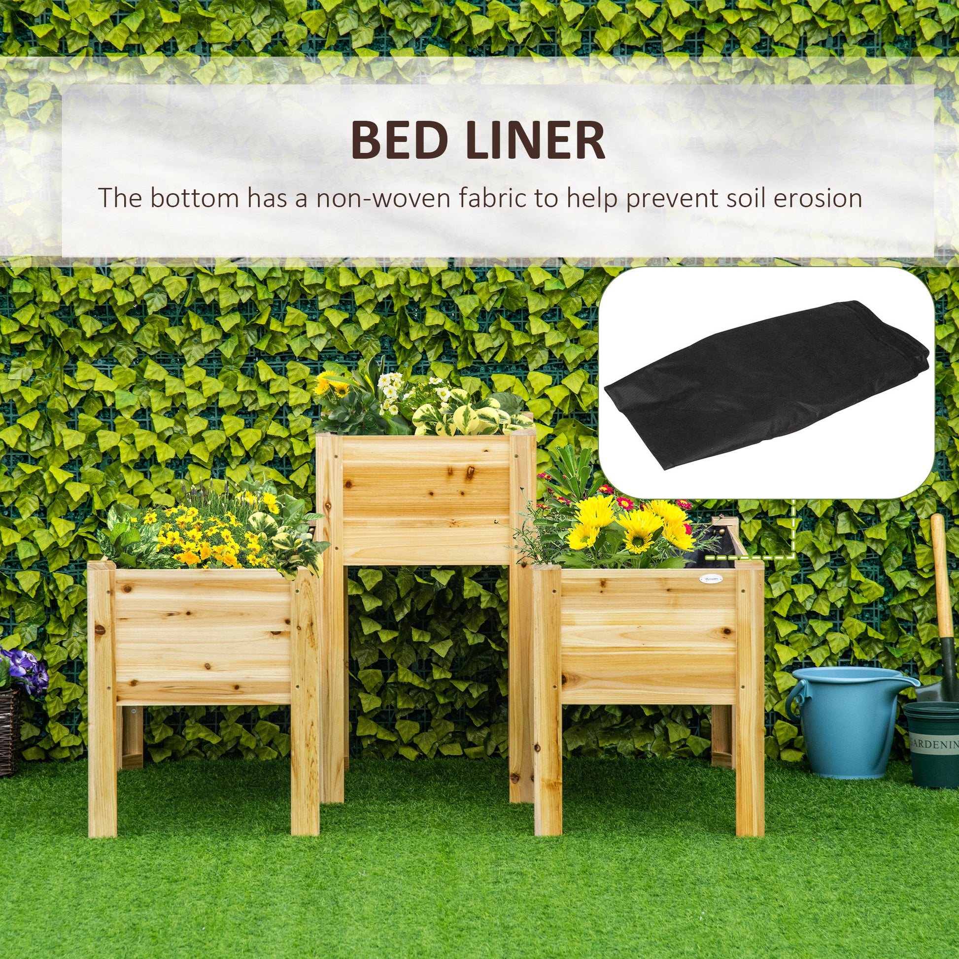 Black nonwoven fabric bed liner for raised garden beds prevents soil erosion