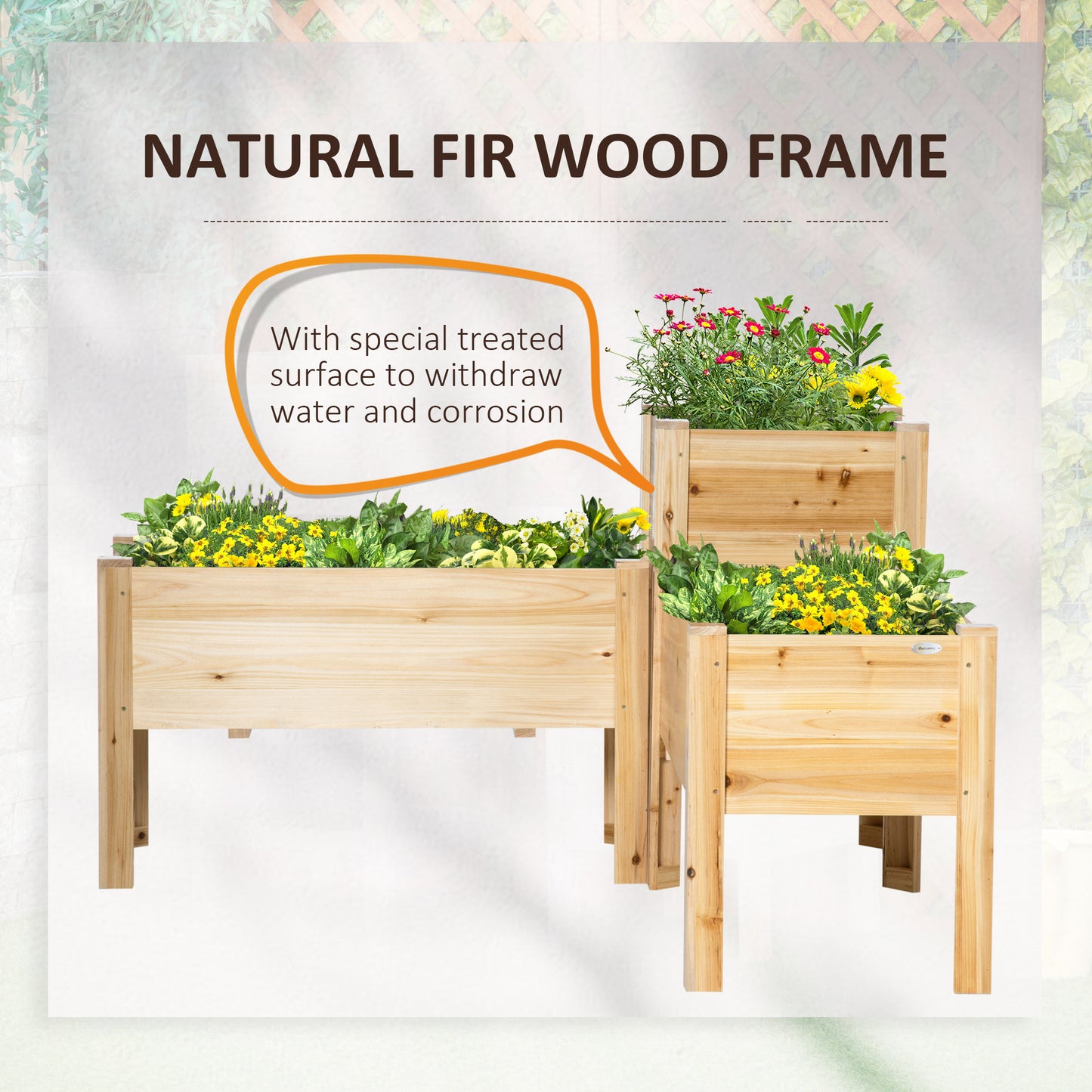 Threetier natural fir wood raised garden beds with vibrant yellow and pink flowers
