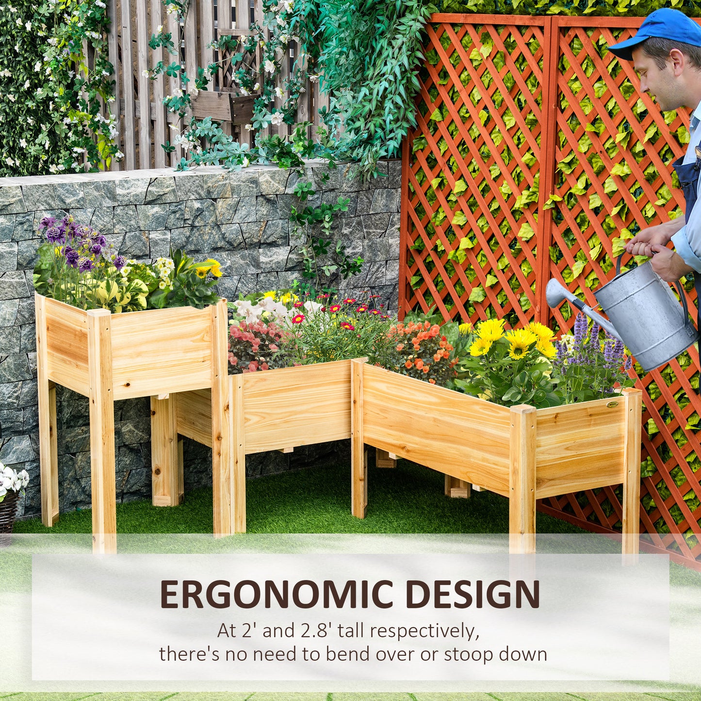 Natural wood raised garden bed with vibrant flowers ideal for small spaces