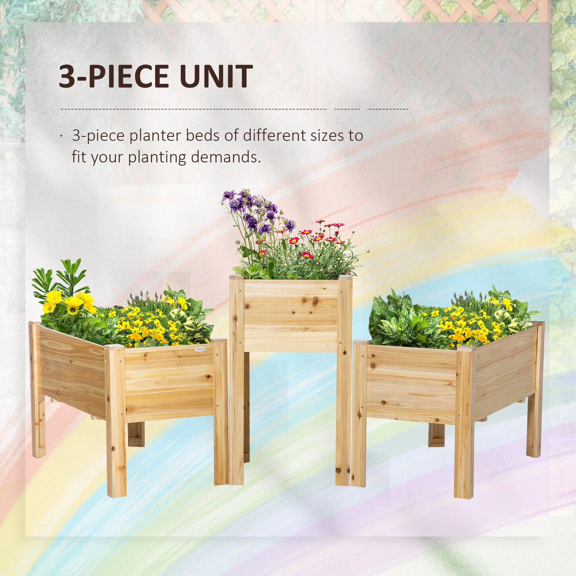 Three tiered wooden planter beds filled with colorful flowers for garden display