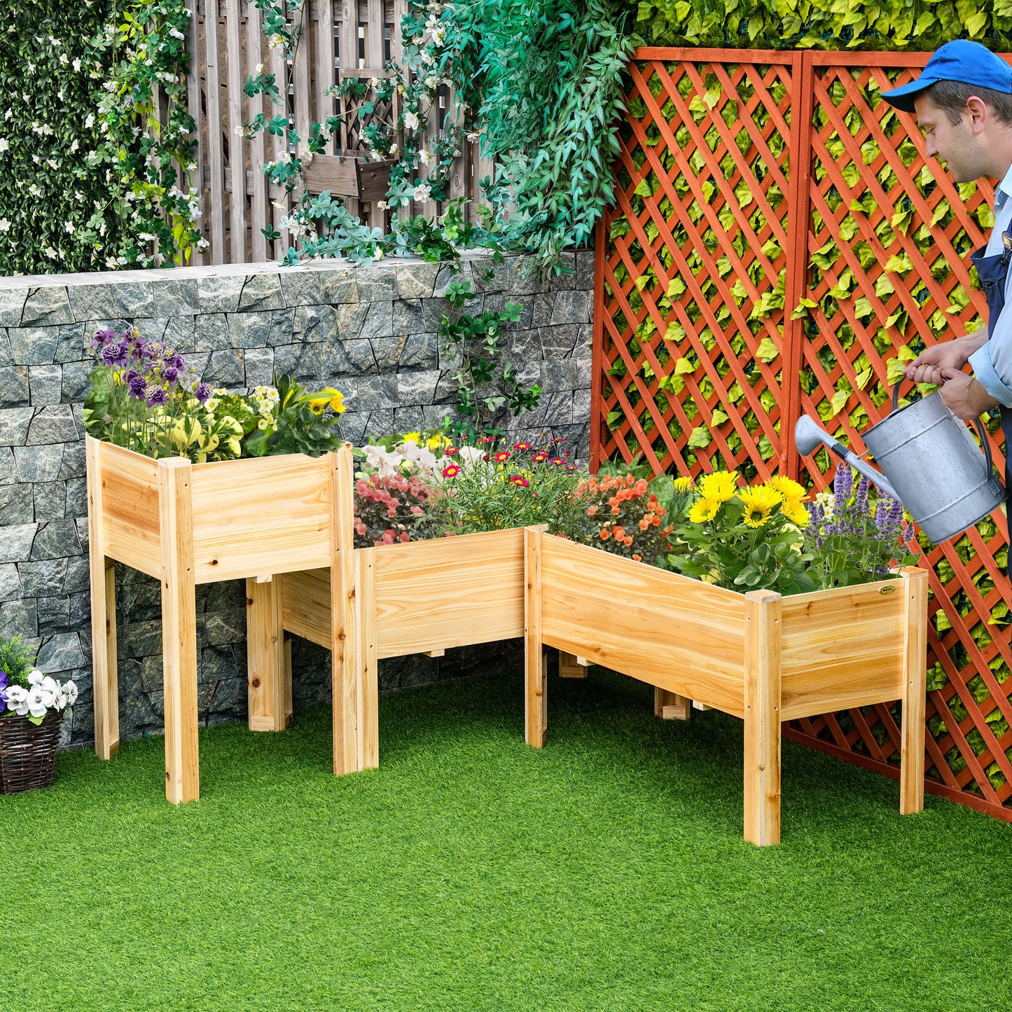 Wooden raised garden bed with vibrant flowers and herbs for elevated gardening