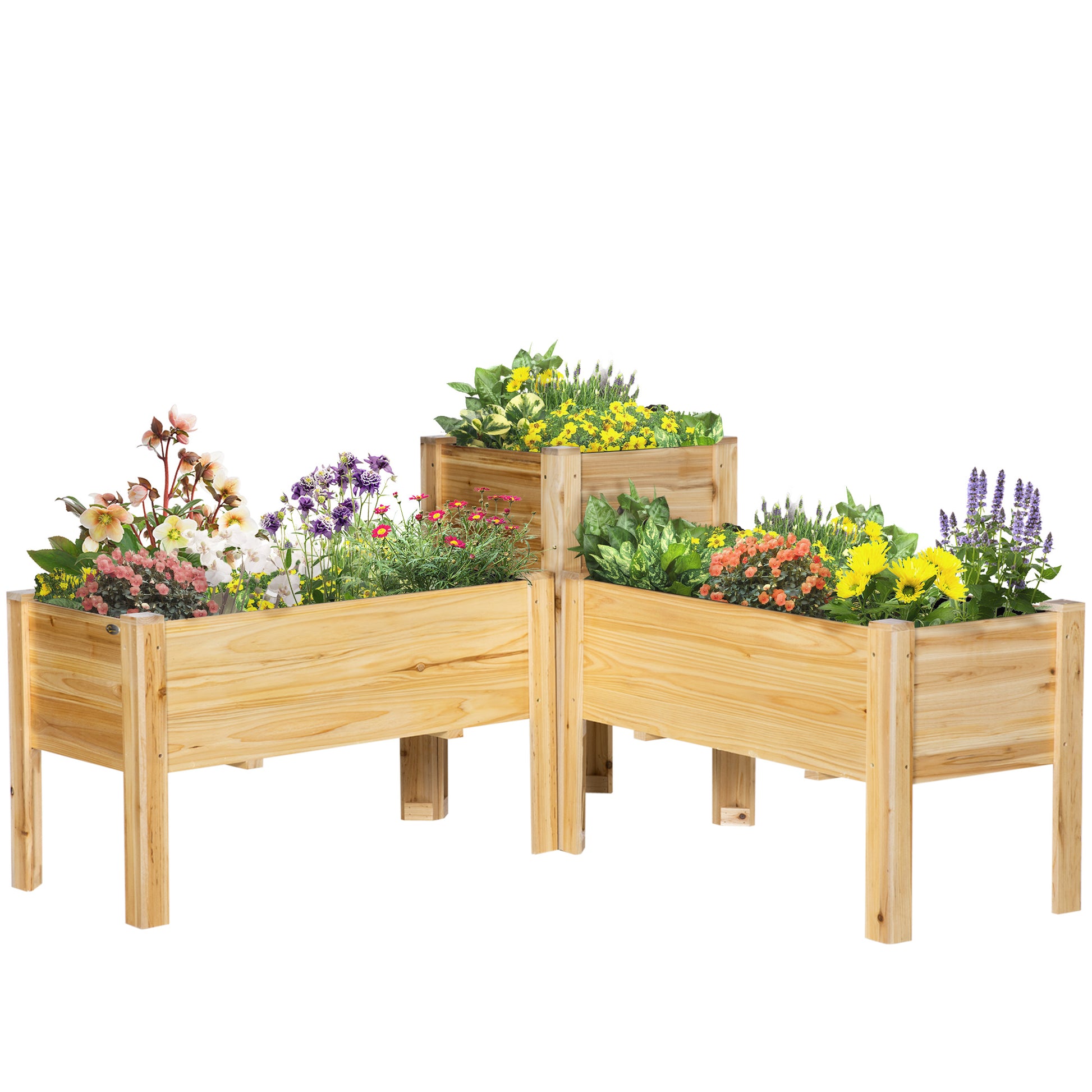 Elevated wooden garden planter with mixed blooming flowers and foliage