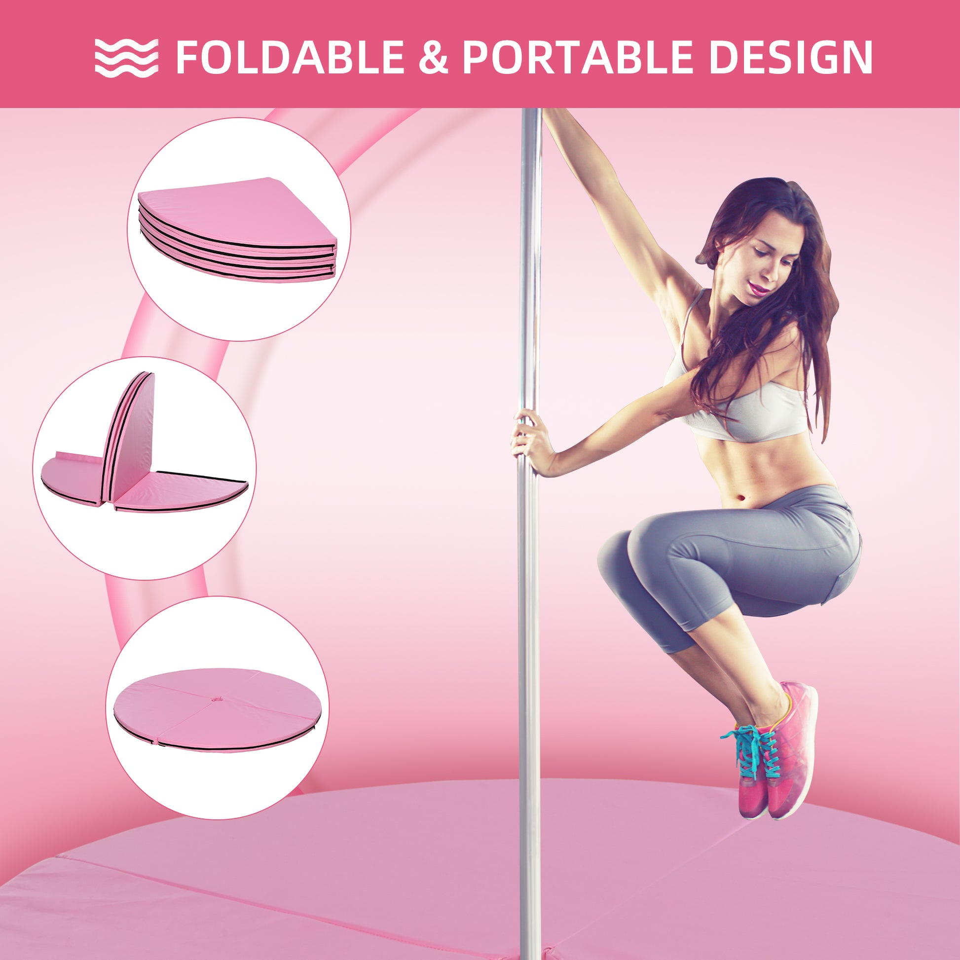Pink foldable crash mat for pole dancing featuring a circular design and portable construction