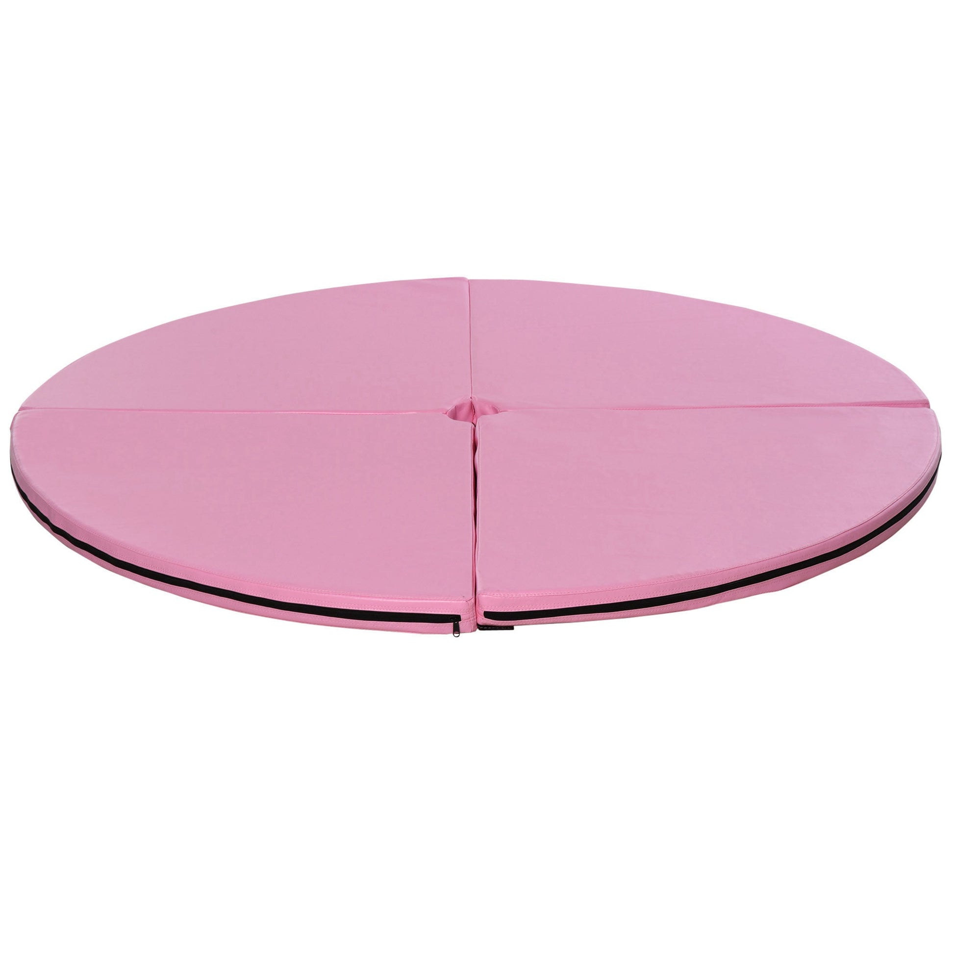 Pink circular yoga mat with black trim segmented for easy storage