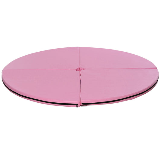 Pink circular yoga mat with black trim segmented for easy storage