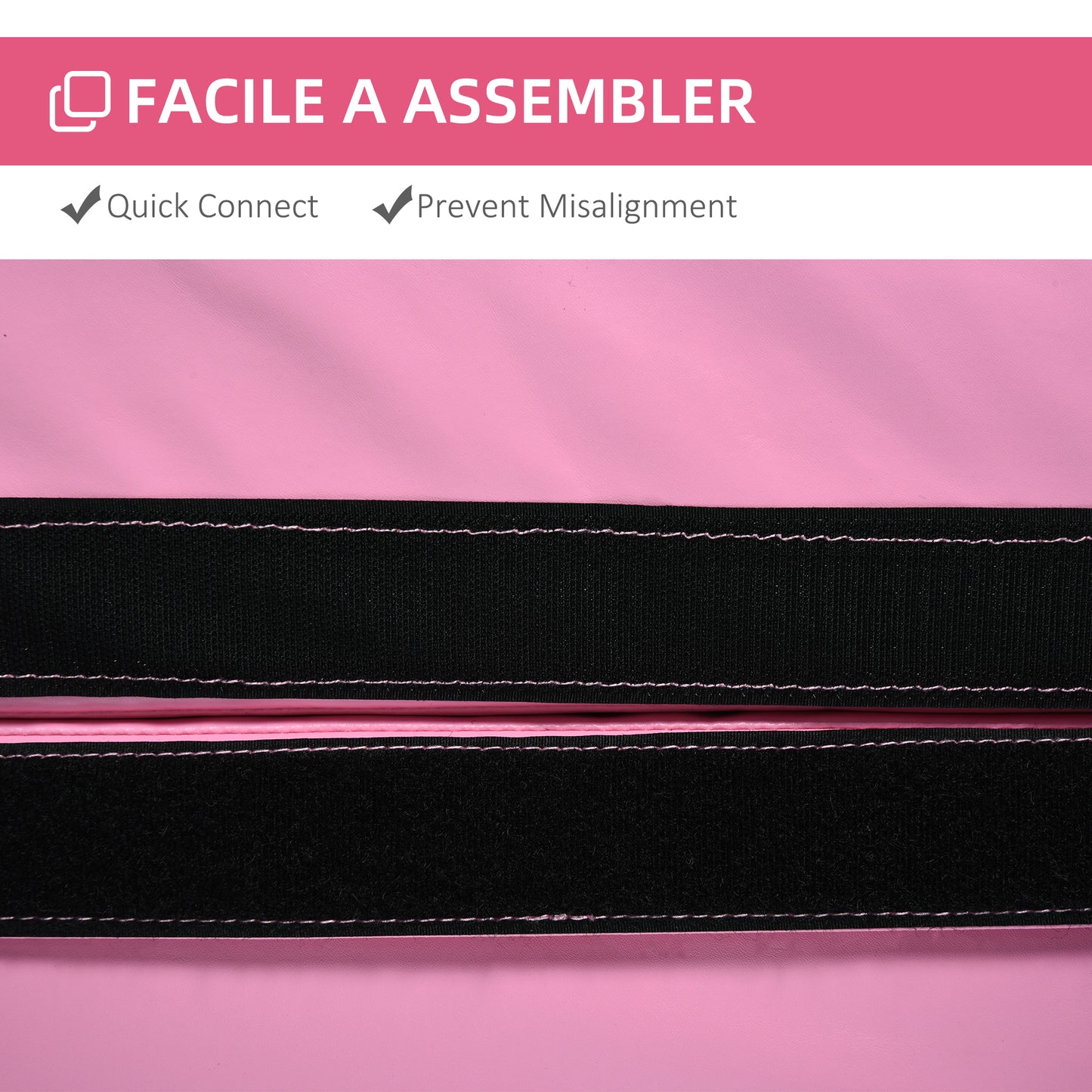 Pink mat with black hook and loop fasteners for easy assembly
