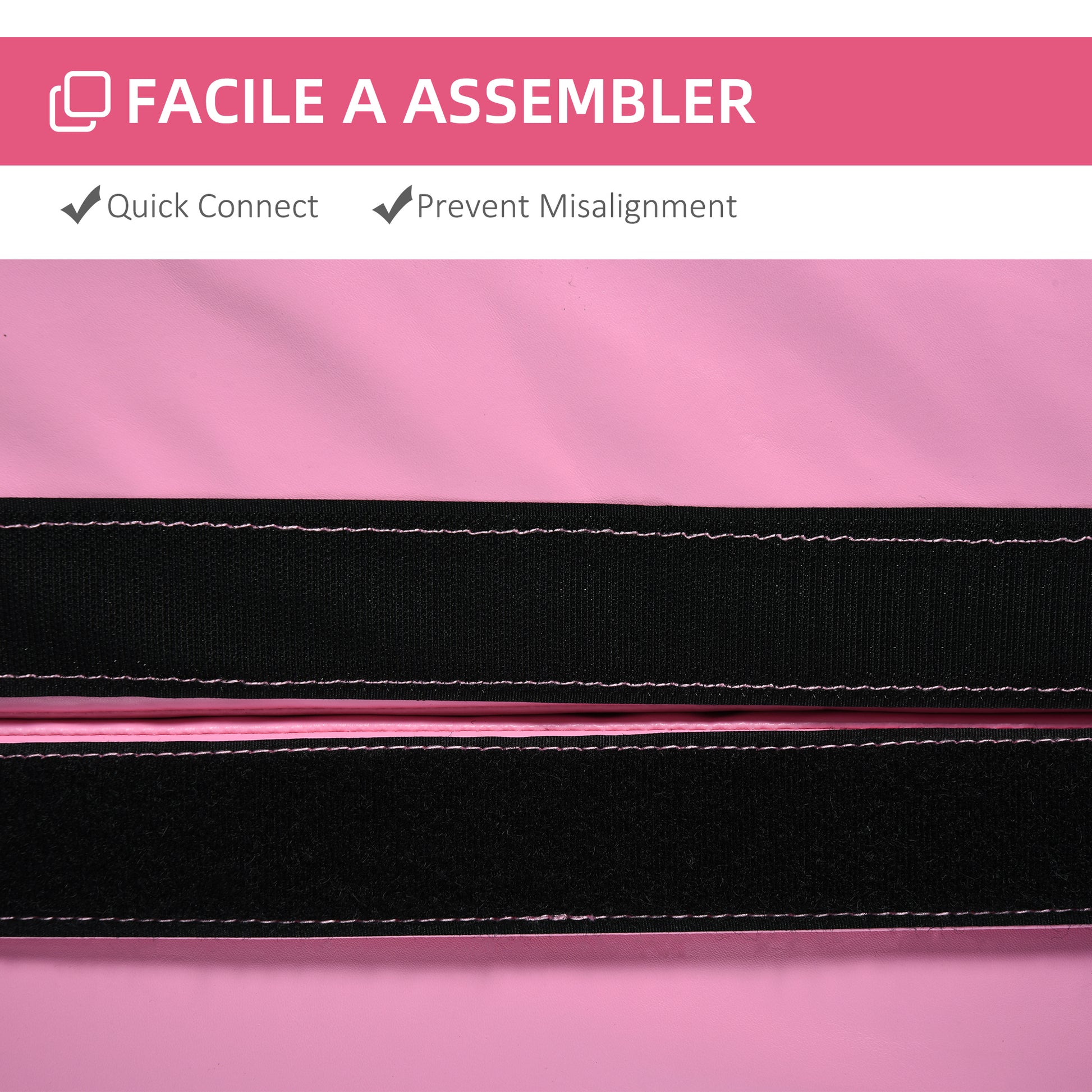 Pink mat with black hook and loop fasteners for easy assembly