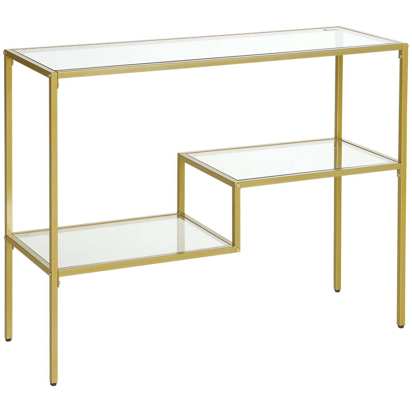 Gold metal frame console table with two clear glass shelves for stylish entryway display