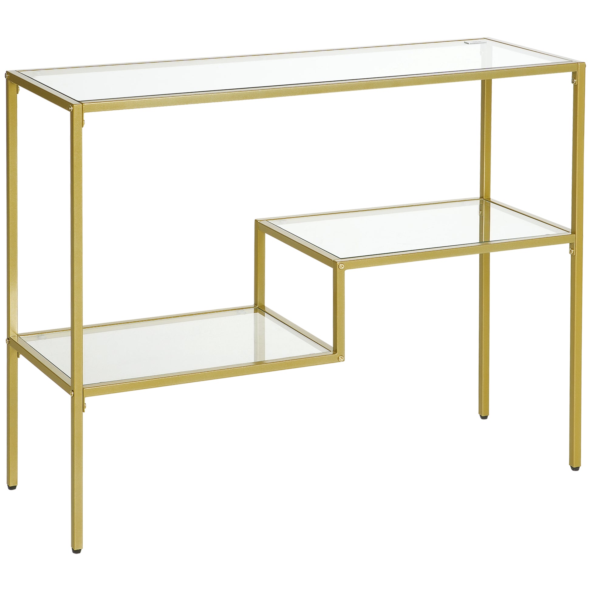 Gold metal frame console table with two clear glass shelves for stylish entryway display