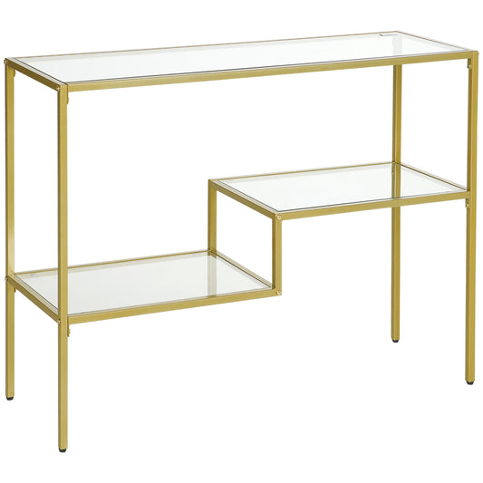 Gold metal frame console table with two clear glass shelves for stylish entryway display