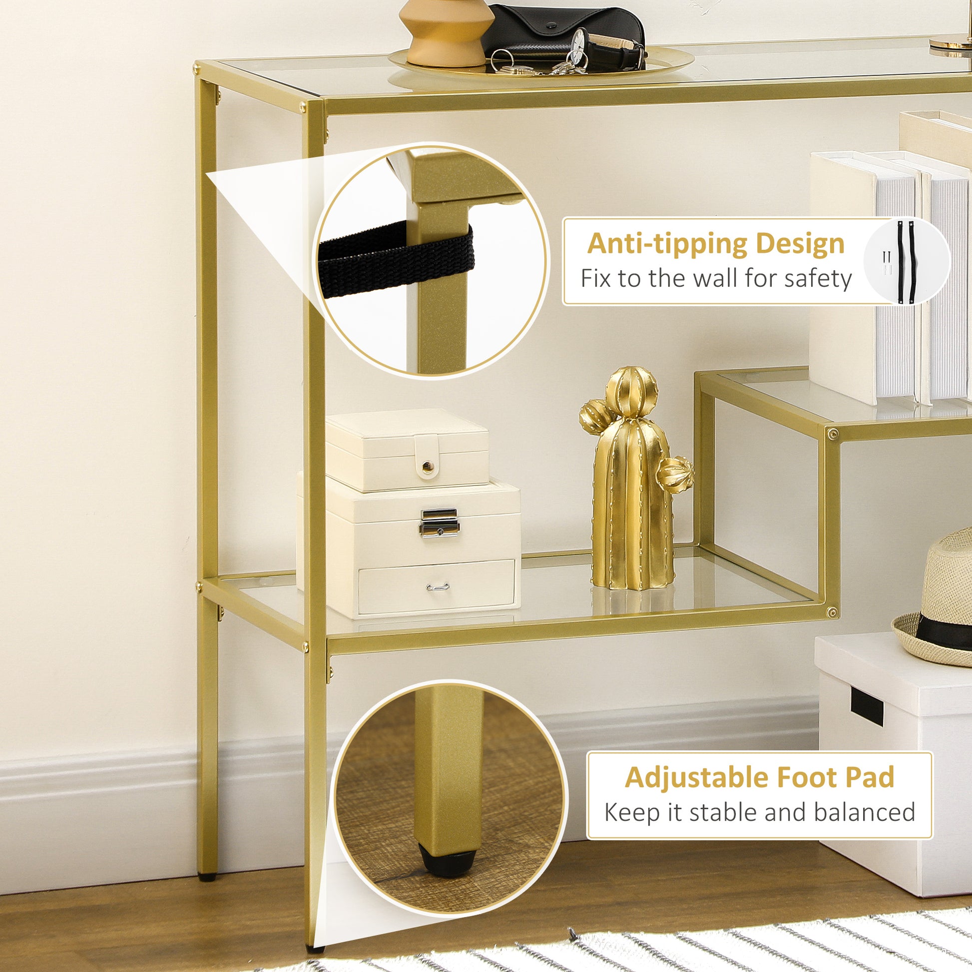 Gold metal console table with glass shelves featuring antitipping design for safety