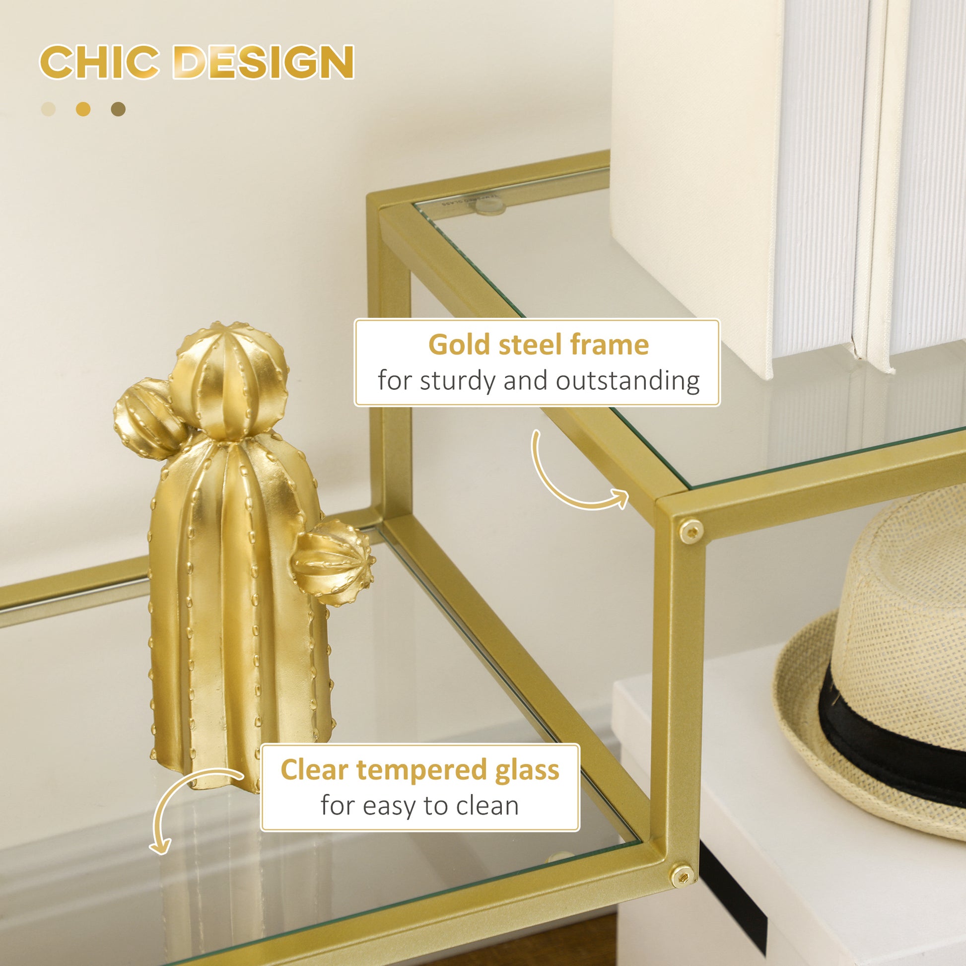 Chic gold cactus decor on a clear tempered glass shelf with gold steel frame