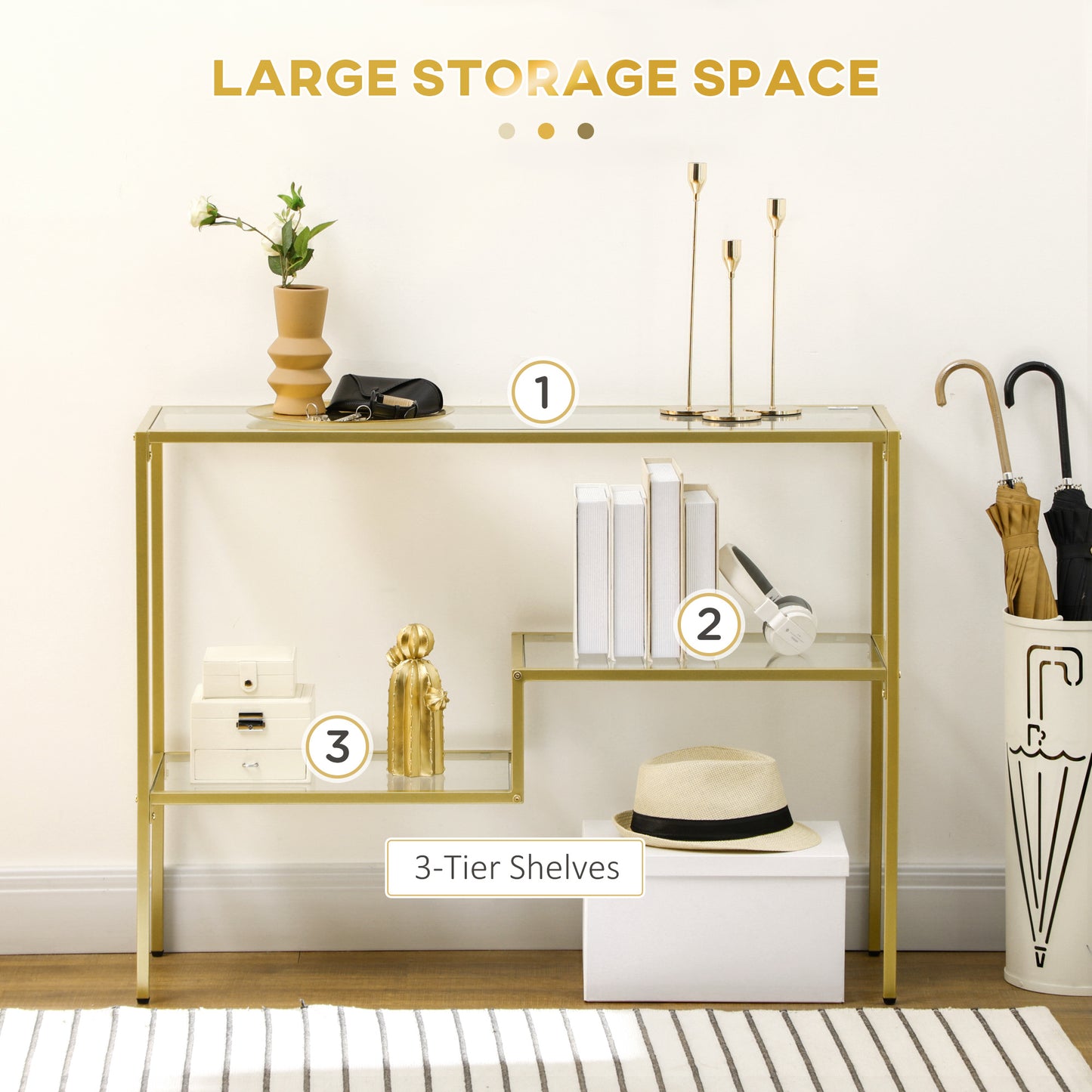 Gold metal tier console table with glass shelves displaying home decor