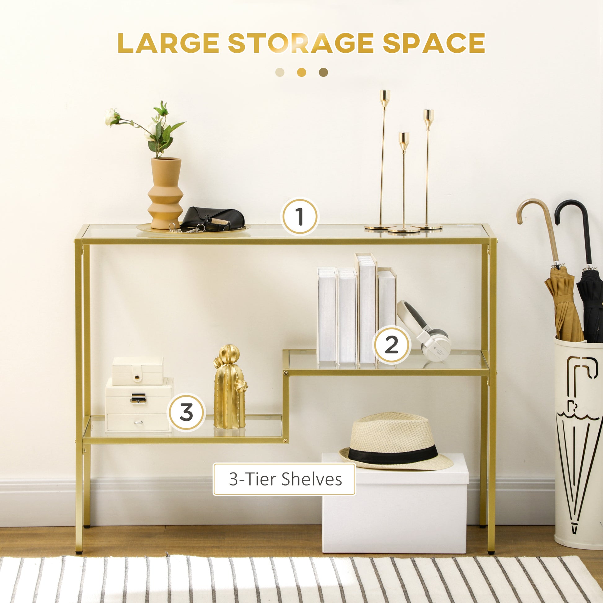 Gold metal tier console table with glass shelves displaying home decor