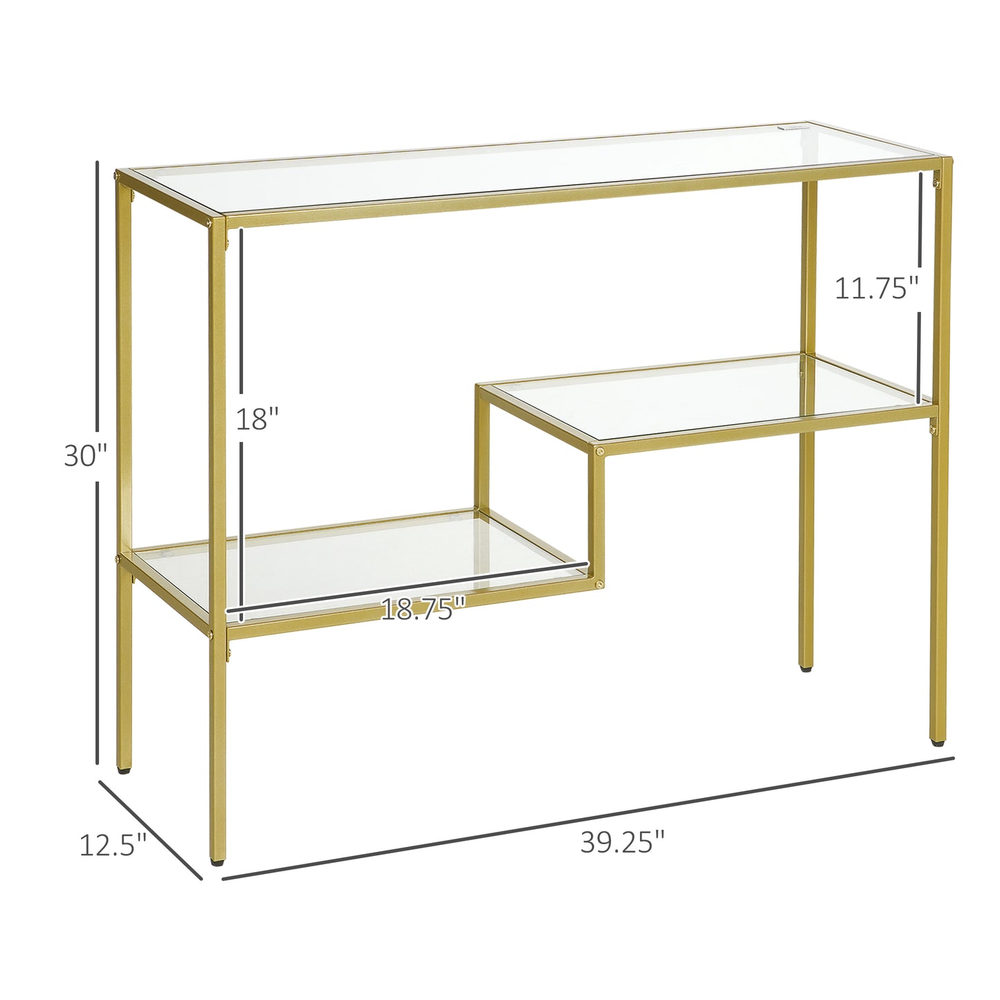 Gold metal console table with two clear glass shelves and an asymmetrical design