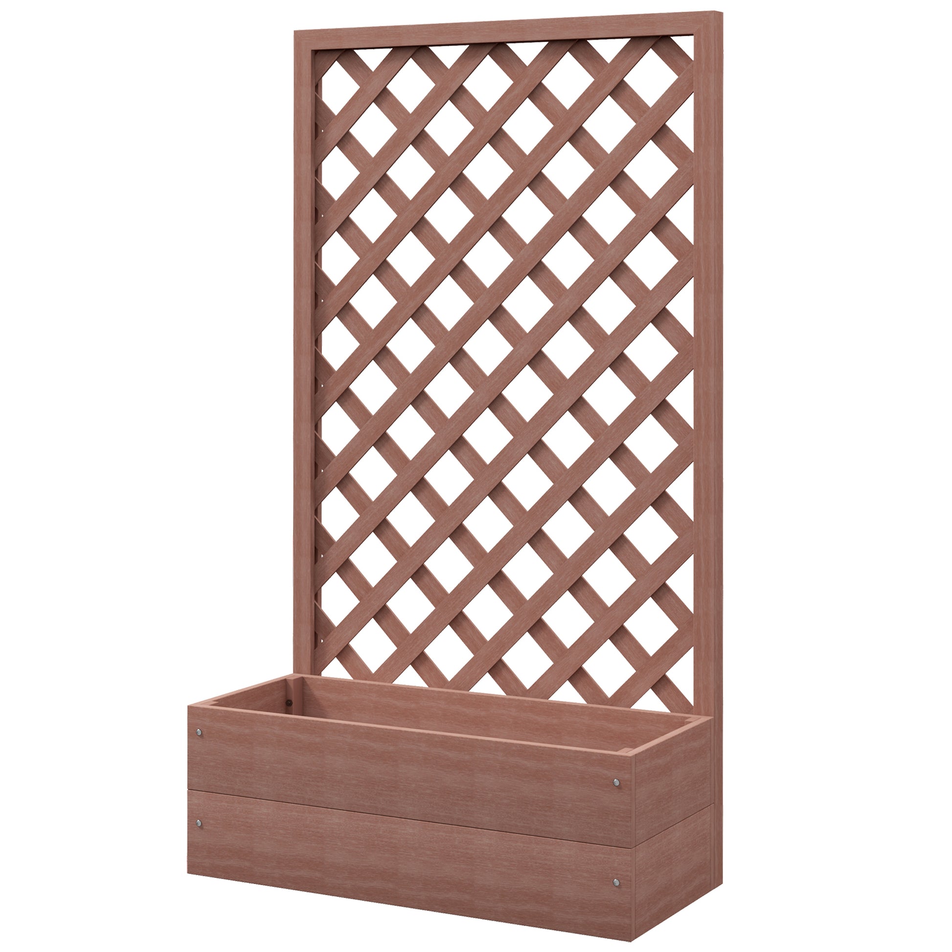 Wooden planter box with diamond lattice trellis for climbing plants