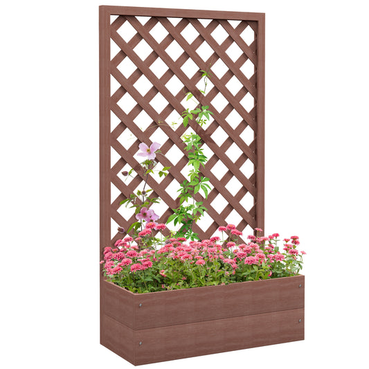 Dark brown composite planter box with lattice trellis adorned with pink flowers