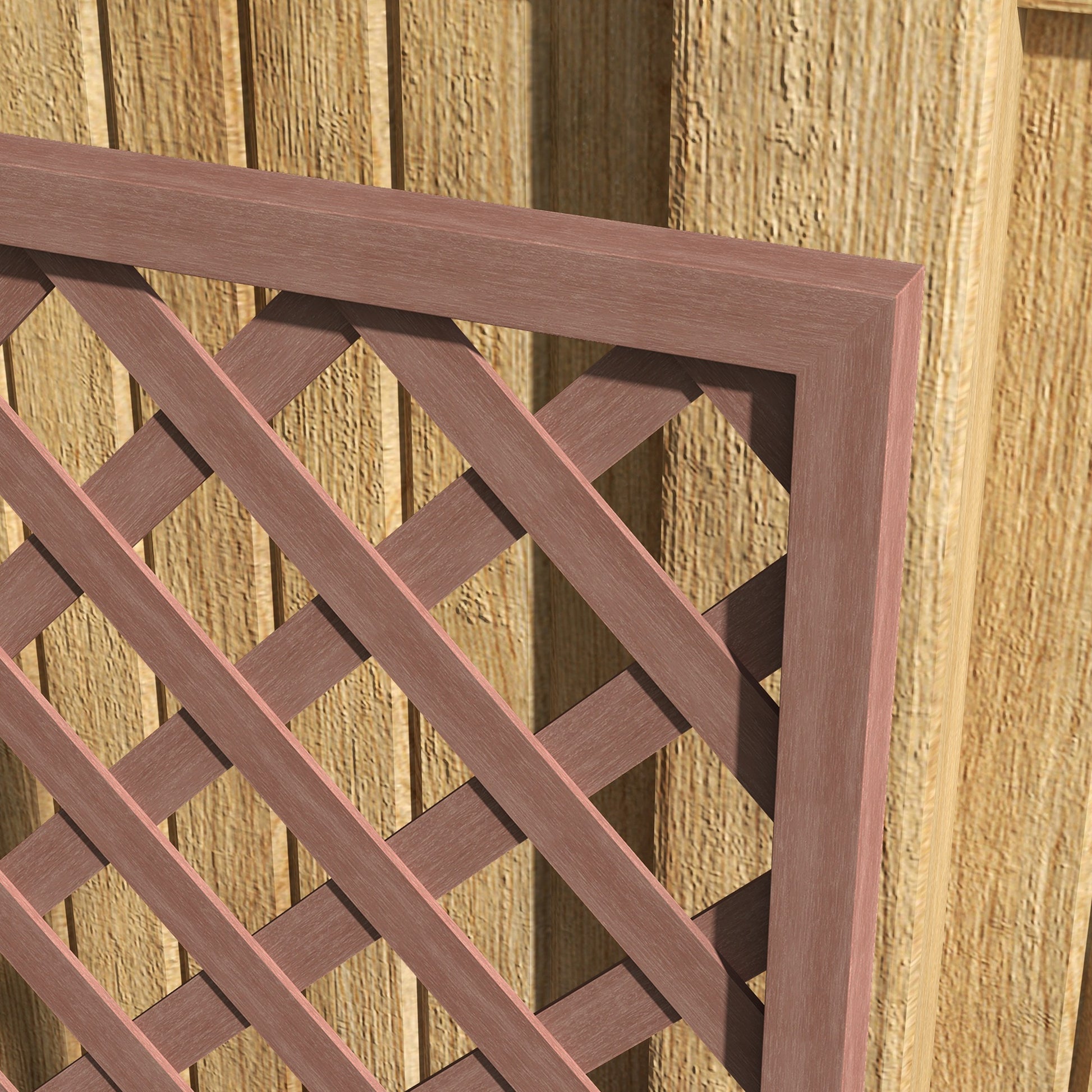 Brown wooden lattice panel with diamond pattern against a vertical wood fence